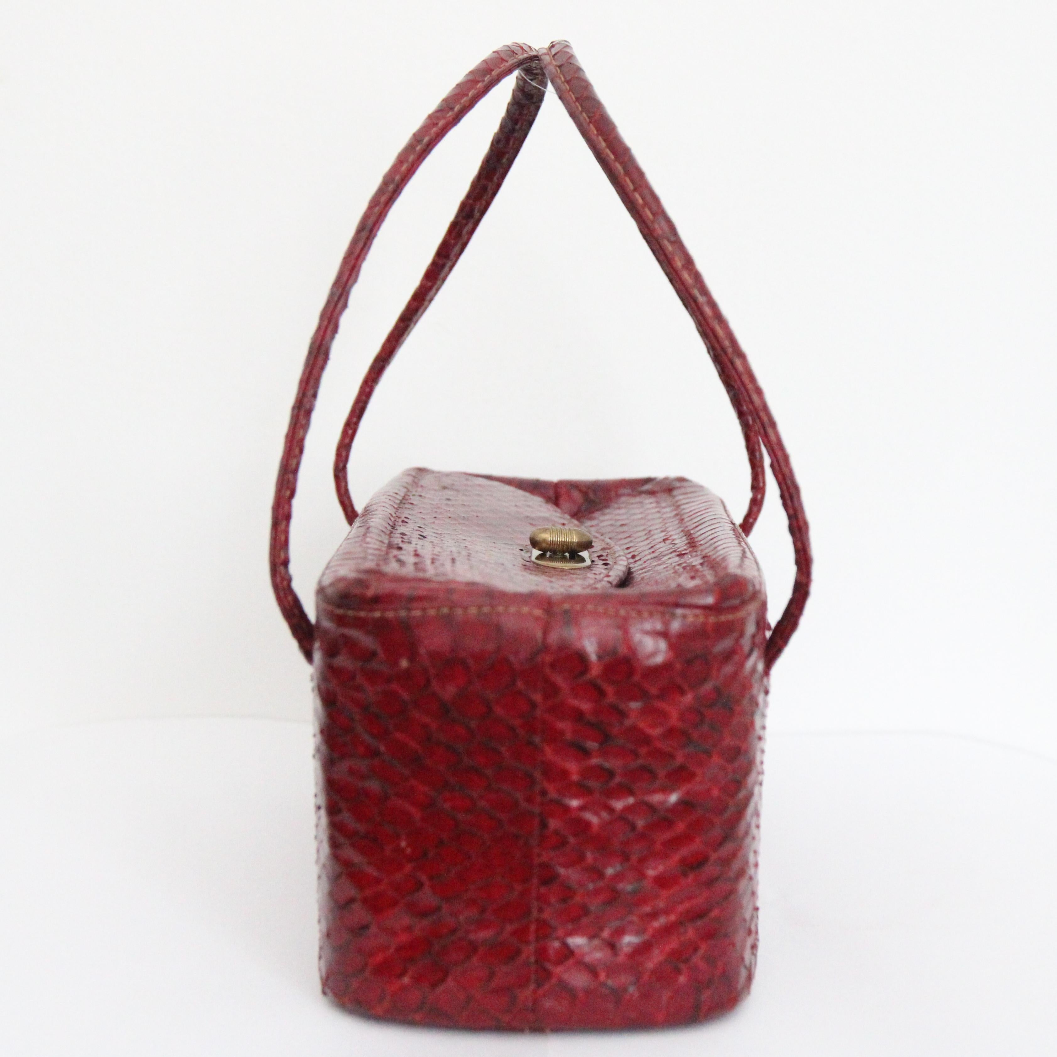 Women's or Men's Vintage 1940's Red Snake Skin Box Bag original 1940's Snake Skin Handbag Purse For Sale