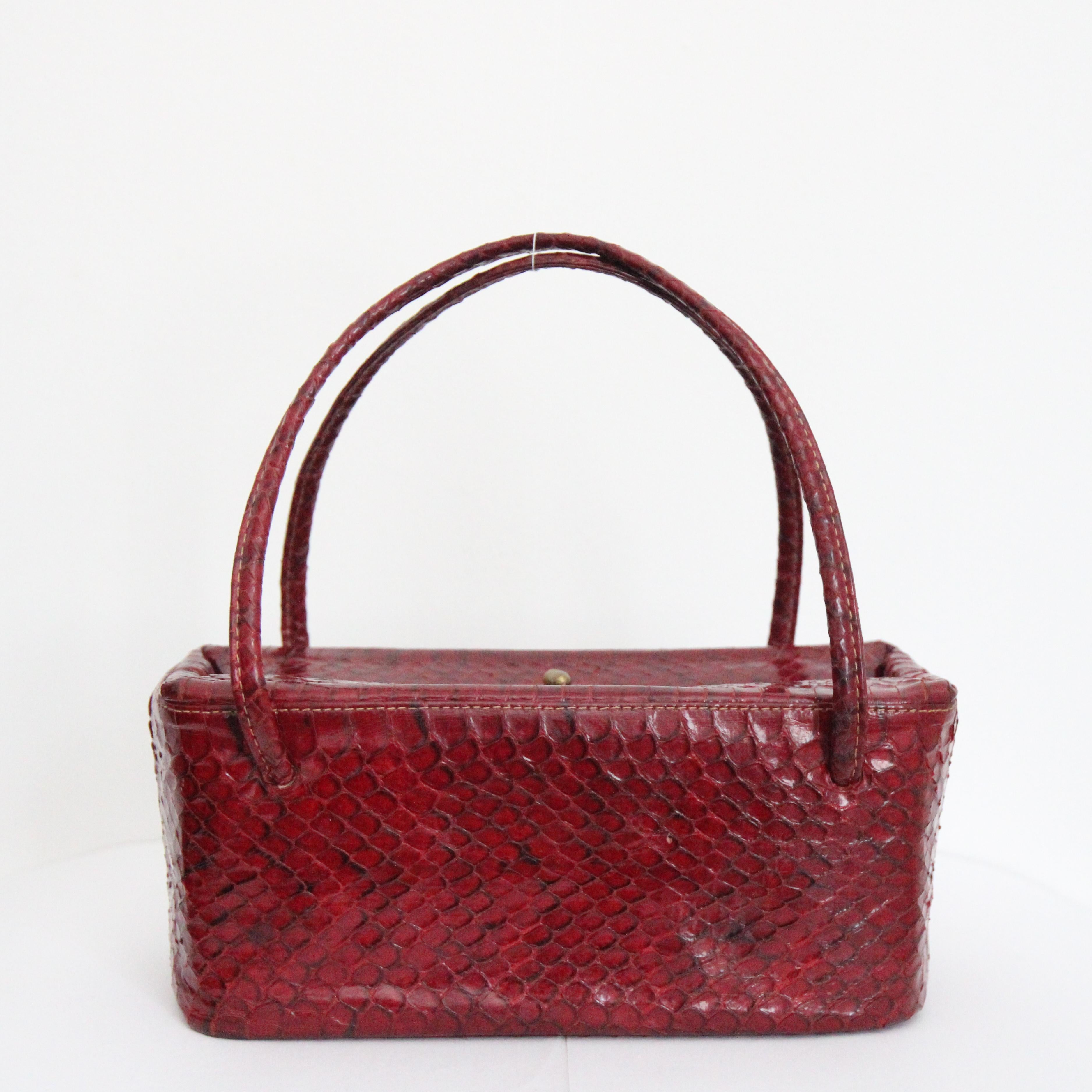Vintage 1940's Red Snake Skin Box Bag original 1940's Snake Skin Handbag Purse For Sale 1