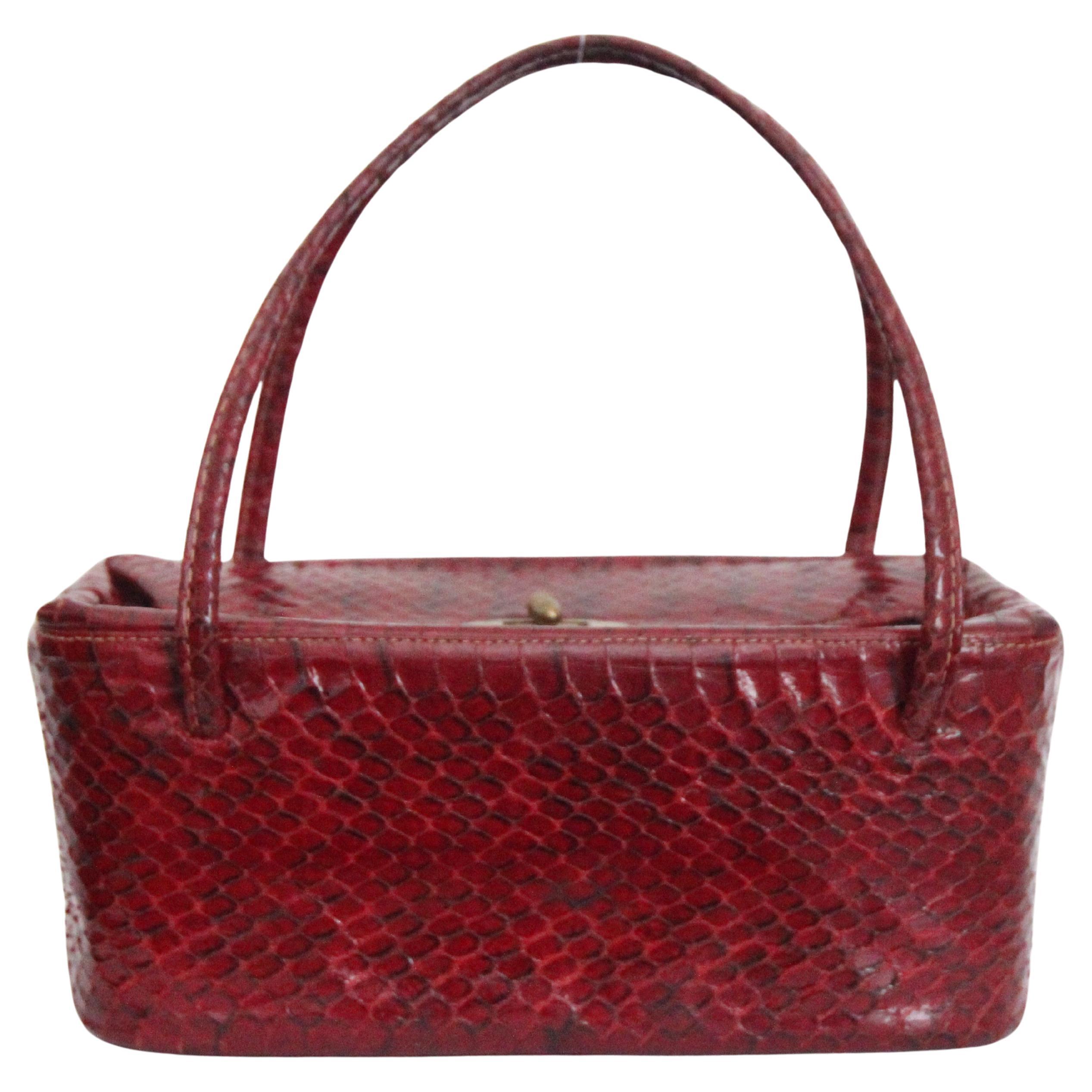 Vintage 1940's Red Snake Skin Box Bag original 1940's Snake Skin Handbag Purse