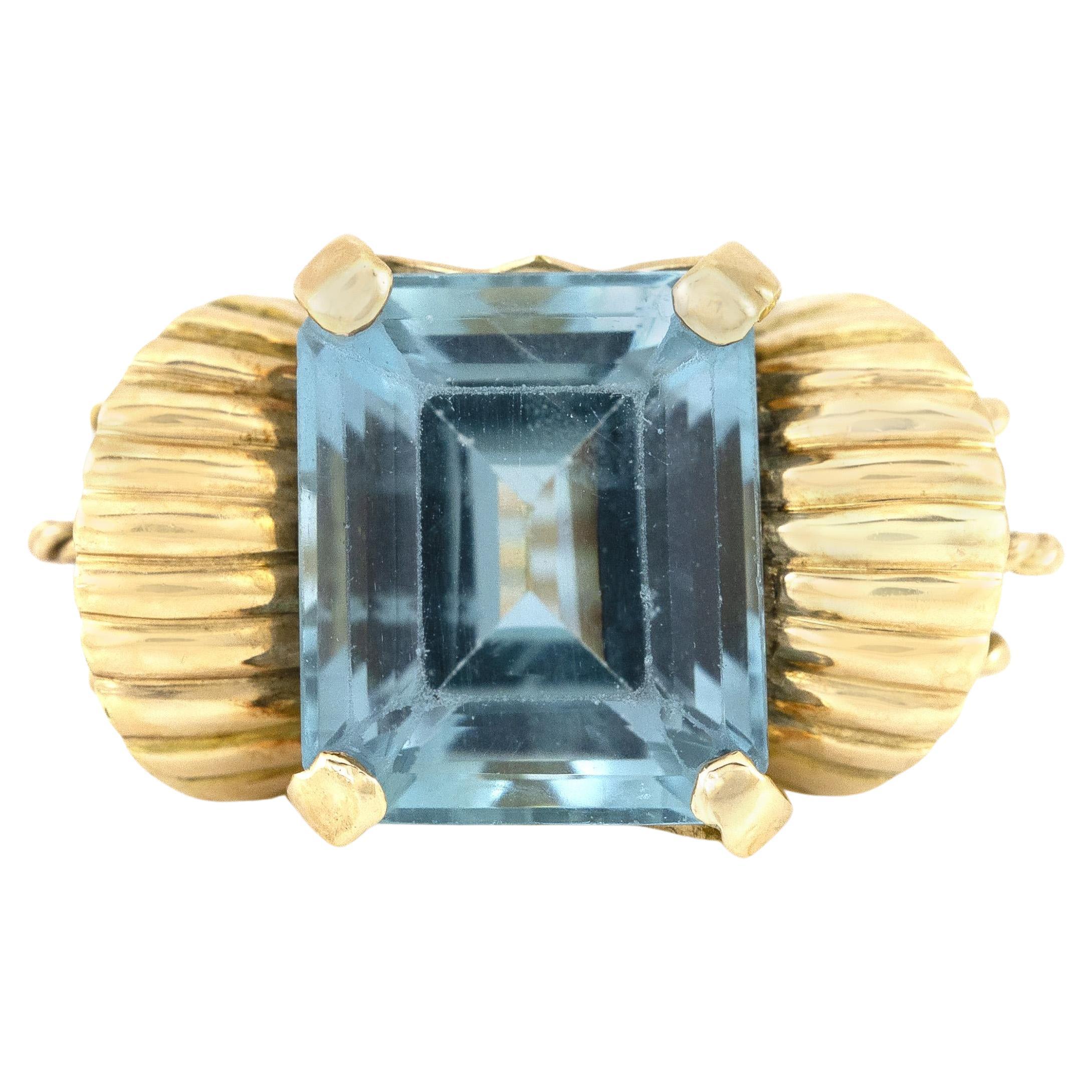 Vintage 1940s Retro 12,00 Karat Smaragdschliff Aquamarin Ring im Angebot