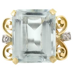 Anello Vintage 1940 Retro da 25,00 carati con acquamarina taglio smeraldo
