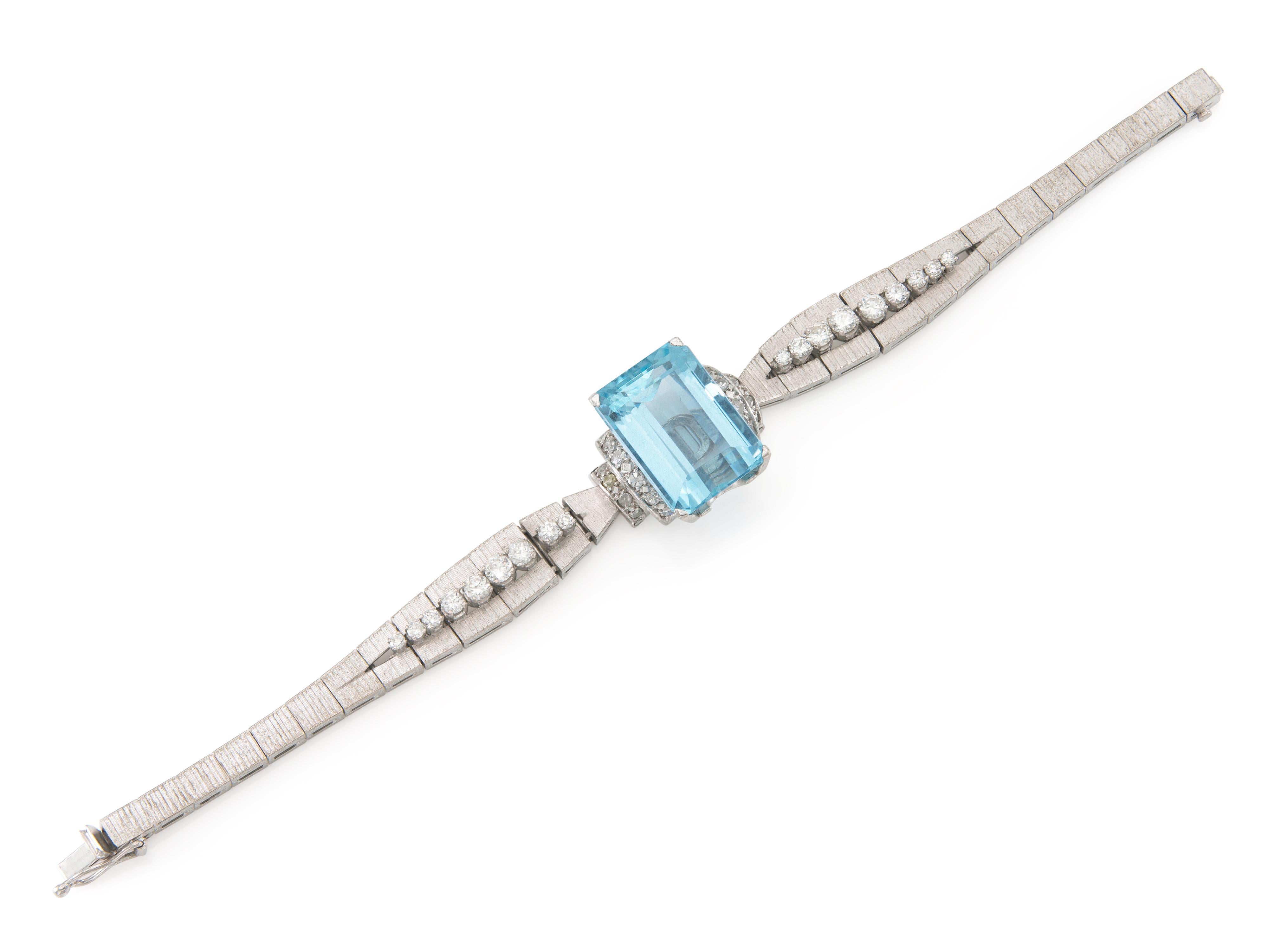 Finely crafted in 18k white gold with an Emerald cut Aquamarine weighing approximately 30.00 carats as well as Round Brilliant and Single cut Diamonds weighing approximately a total of 2.60 carats.
Circa 1940s
Size 7 inches
