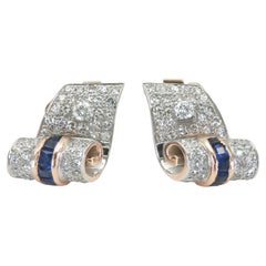 Vintage 1940s Retro 3.90 Carat Diamond Hair Clip Set with Sapphires