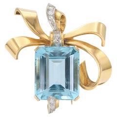 Broche rétro vintage des années 1940 avec aigue-marine de 40,00 carats et diamants