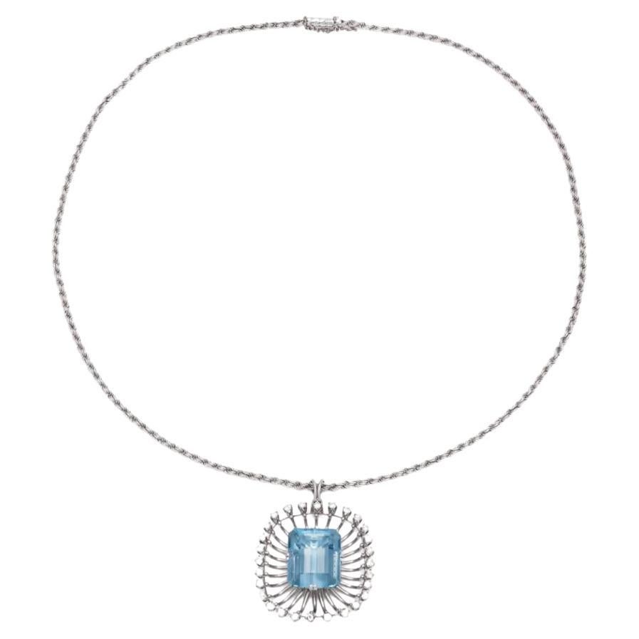 Vintage 1940 Retro Collana con ciondolo in acquamarina e diamanti