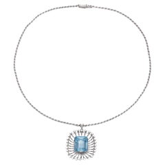 Collier pendentif aigue-marine rétro vintage des années 1940 avec diamants