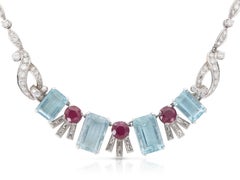 Vintage 1940s Retro Aquamarine, Ruby & Diamond Necklace