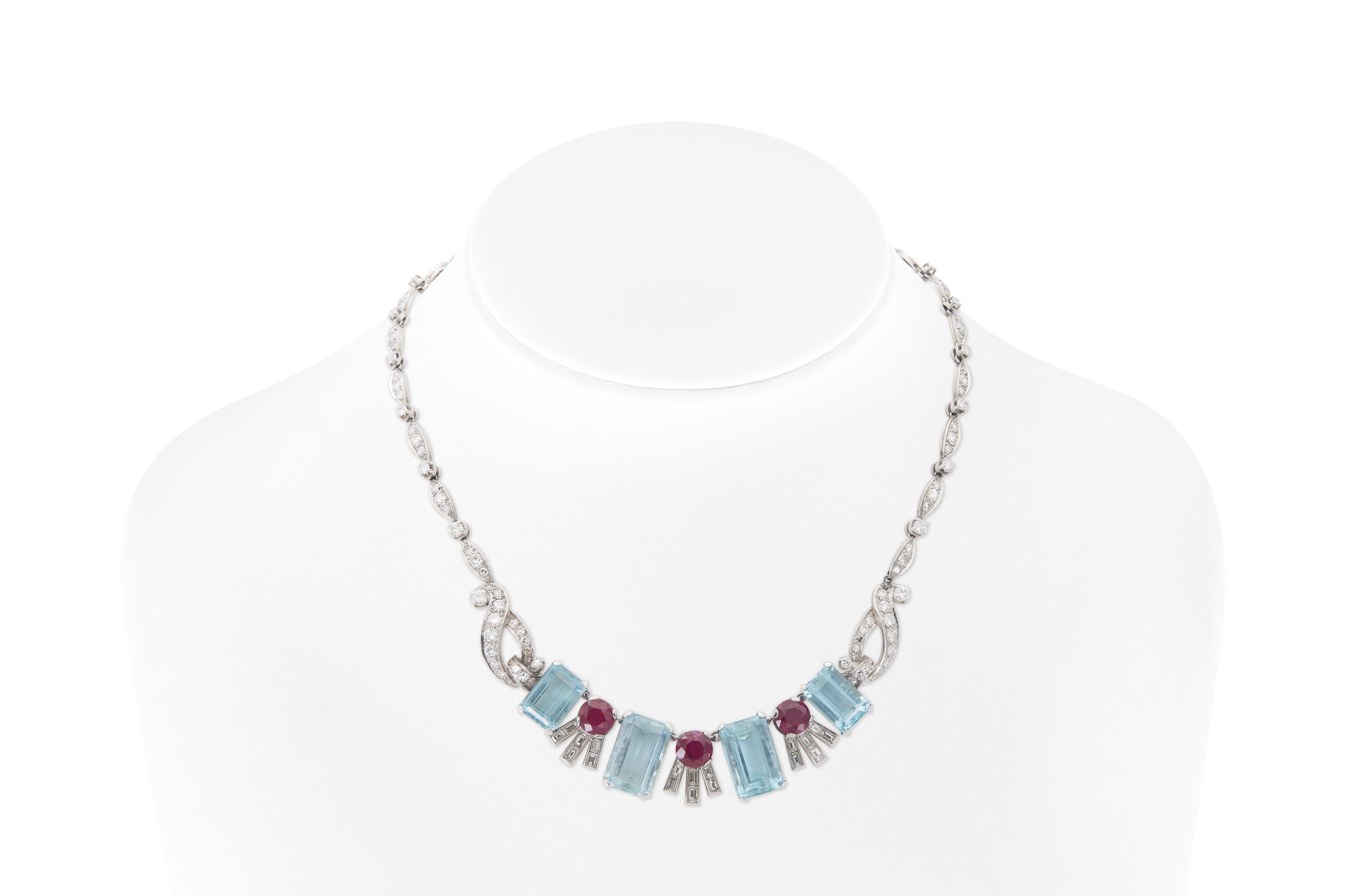 Rétro Collana retrò vintage degli anni '40 con acquamarina, rubino e diamante in vendita