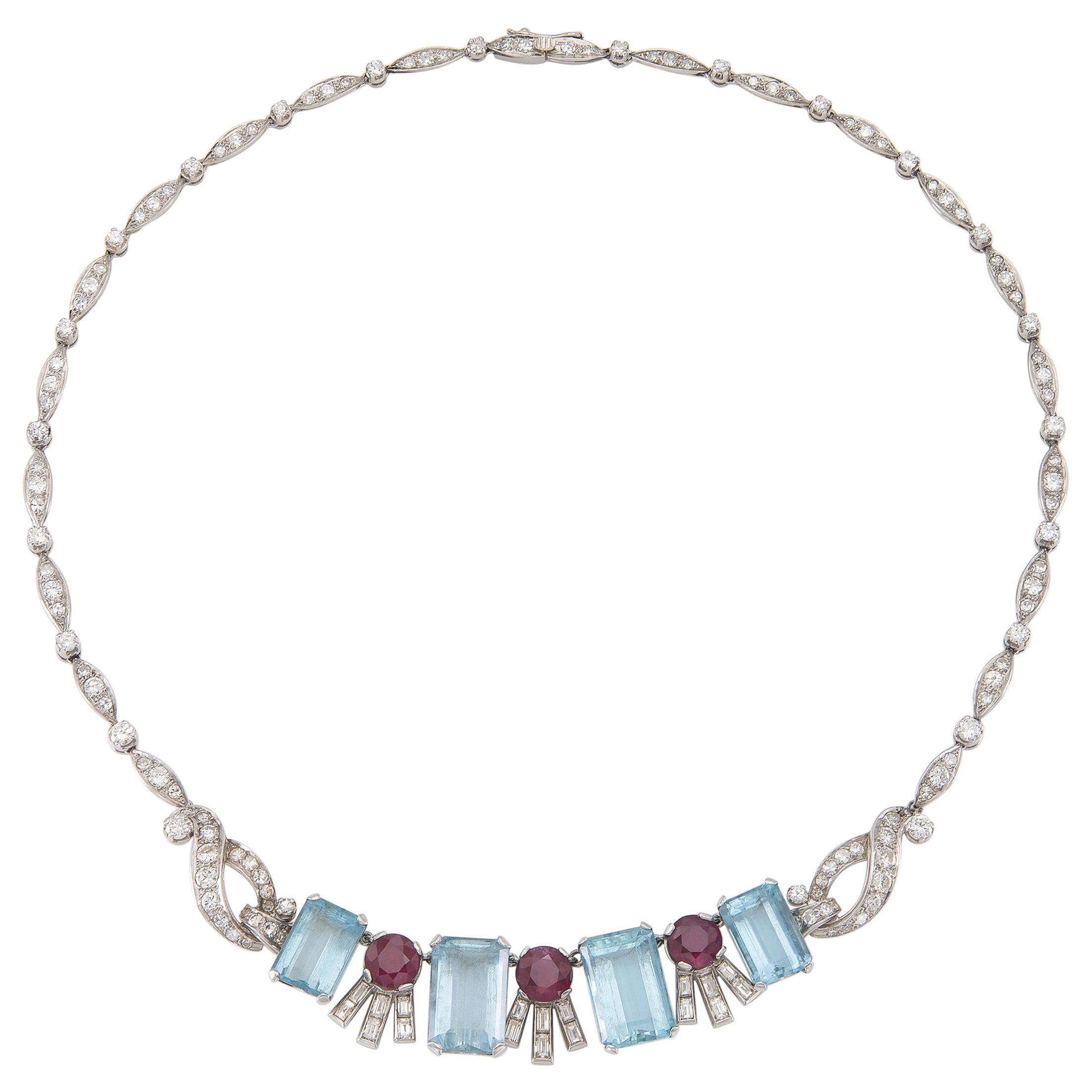 Vintage 1940s Retro Aquamarine, Ruby & Diamond Necklace
