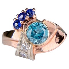 Vintage 1940's Retro Blue Zircon and Lab Grown Sapphire Ring 14k Rose Gold