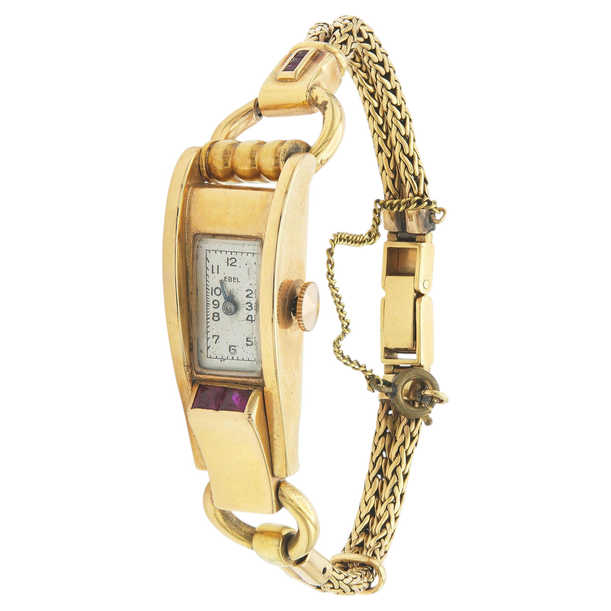 Vintage 1940s Retro Ebel Gold Watch with Rubies For Sale