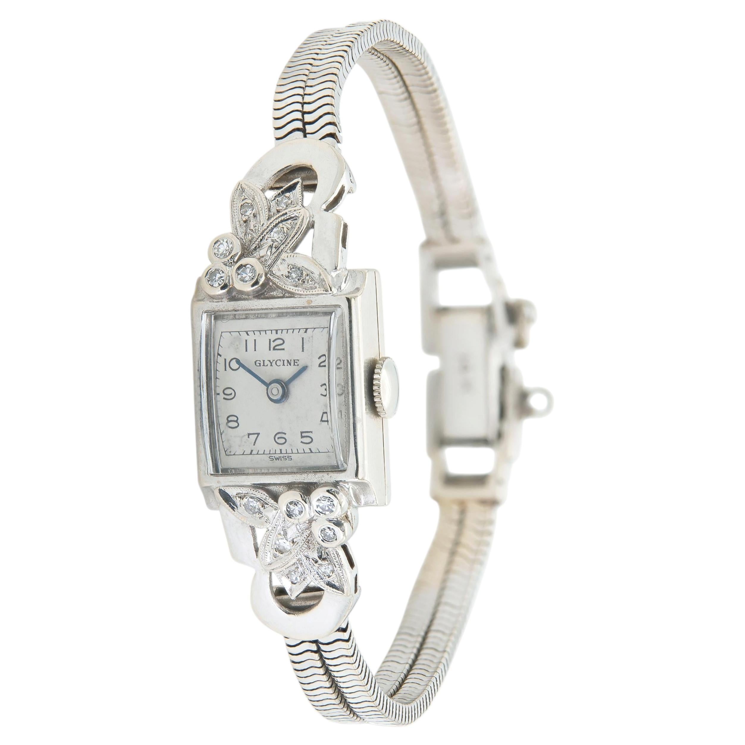 Vintage 1940s Retro Glycine White Gold Watch with Diamonds For Sale