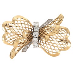 Vintage 1940s Retro Gold and 2.00 Carat Diamond Bow Brooch