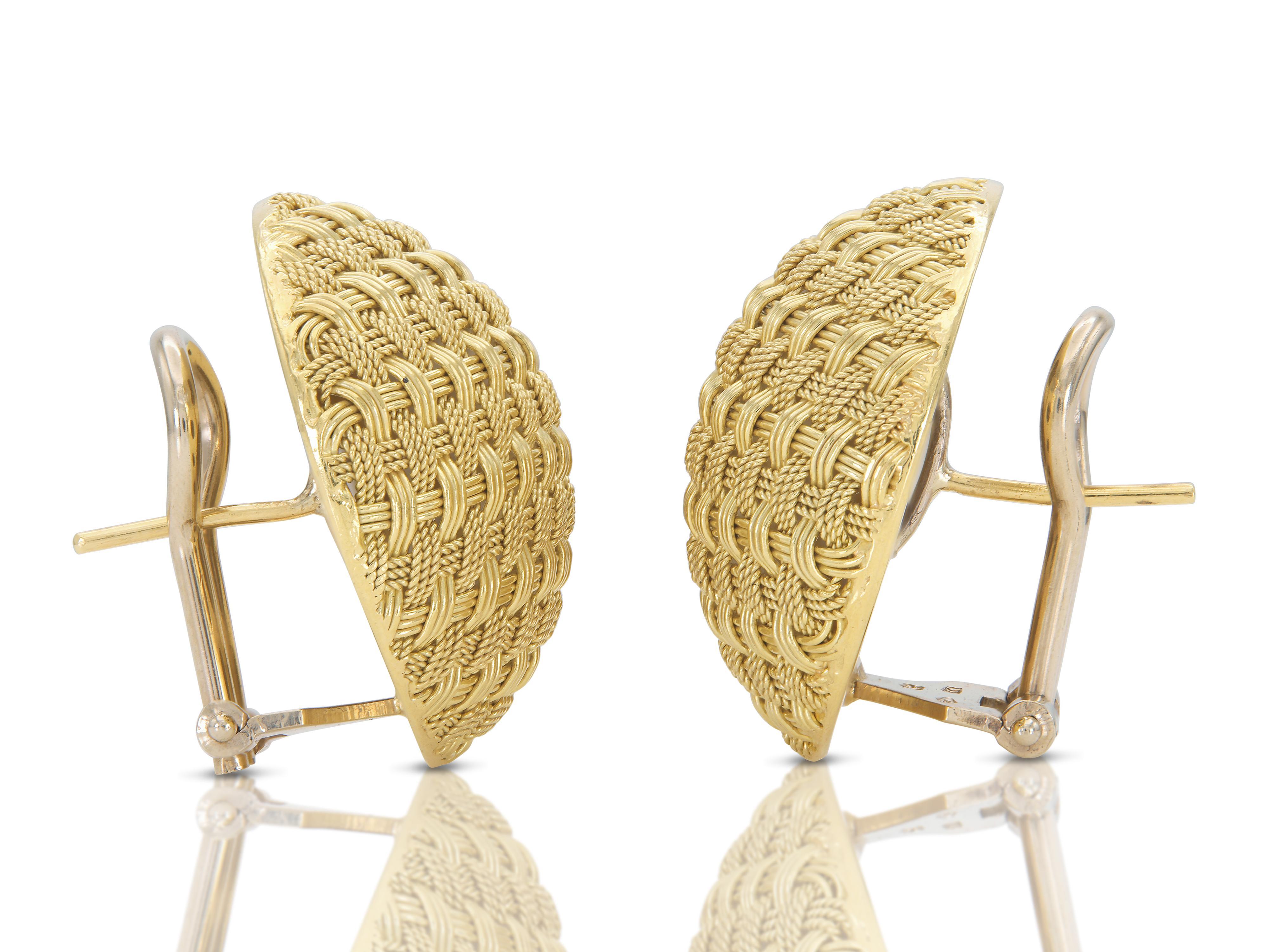 Pendientes de botón en tejido de cesta de oro retro vintage de los años 40 Retro en venta