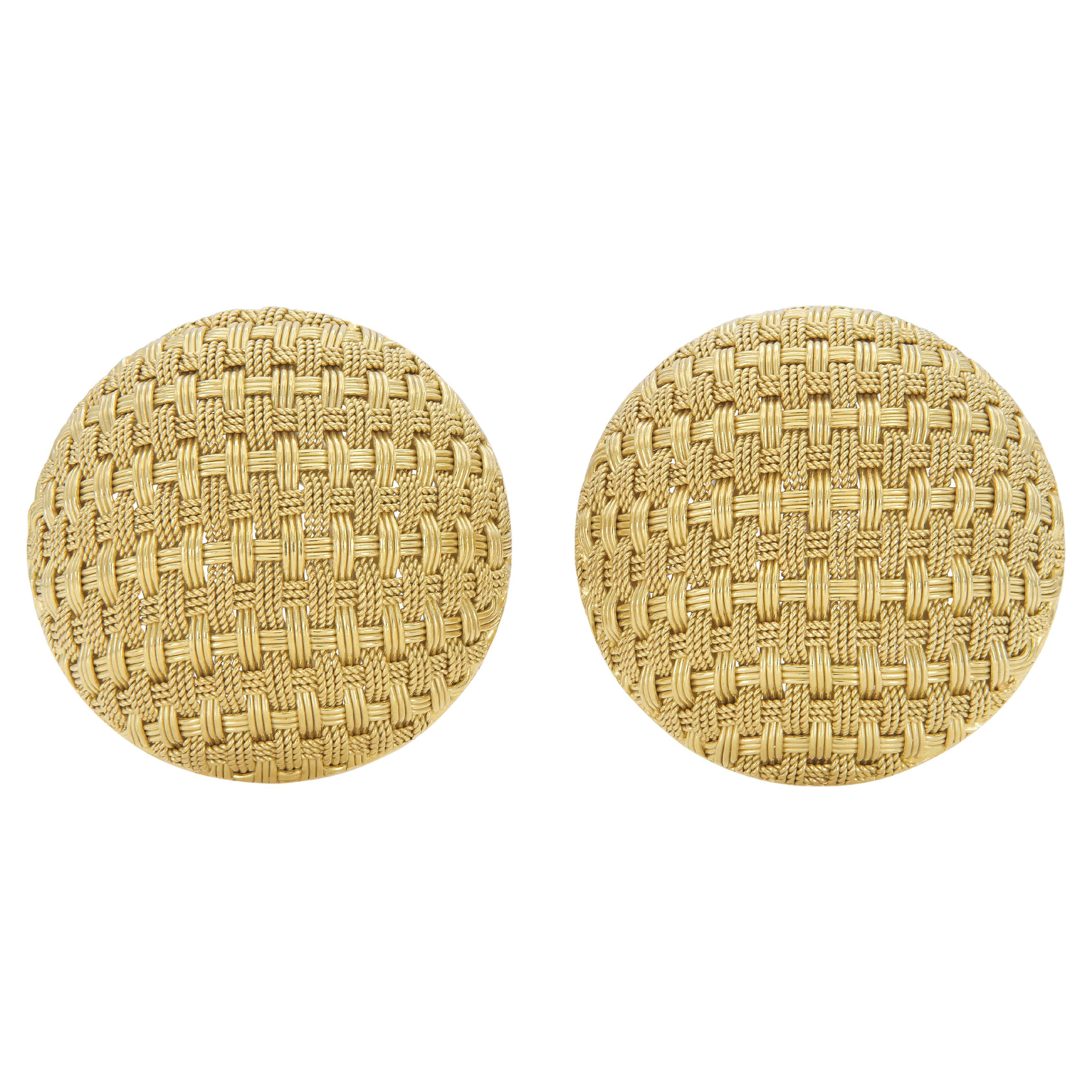 Vintage 1940s Retro Boucles d'oreilles boutons en tressage de panier doré