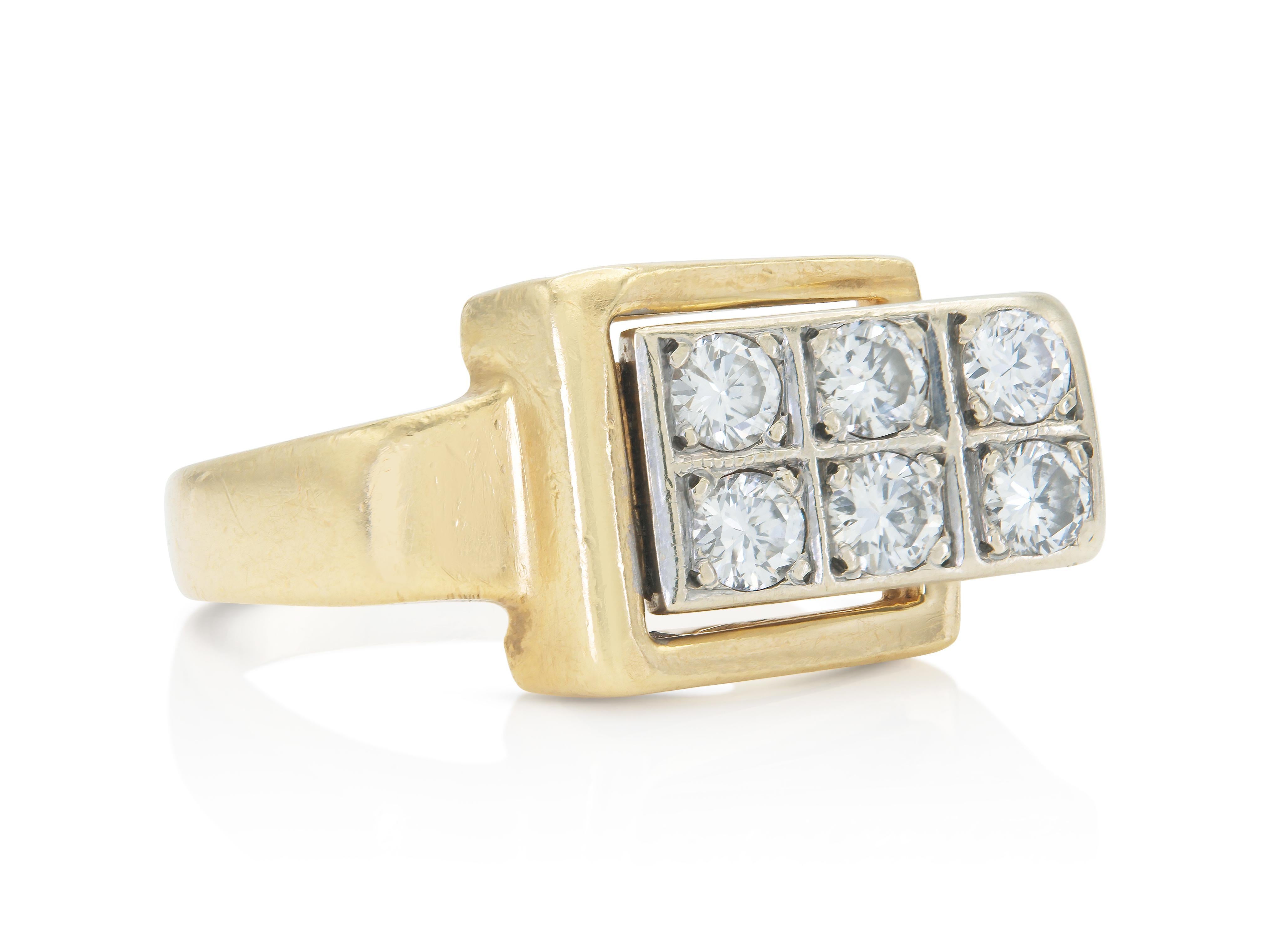 Finement réalisée en or jaune 14k, elle est ornée de six diamants ronds de taille brillant pesant au total environ 0,60 carat.
Circa 1940s
Taille 5 1/2, redimensionnable