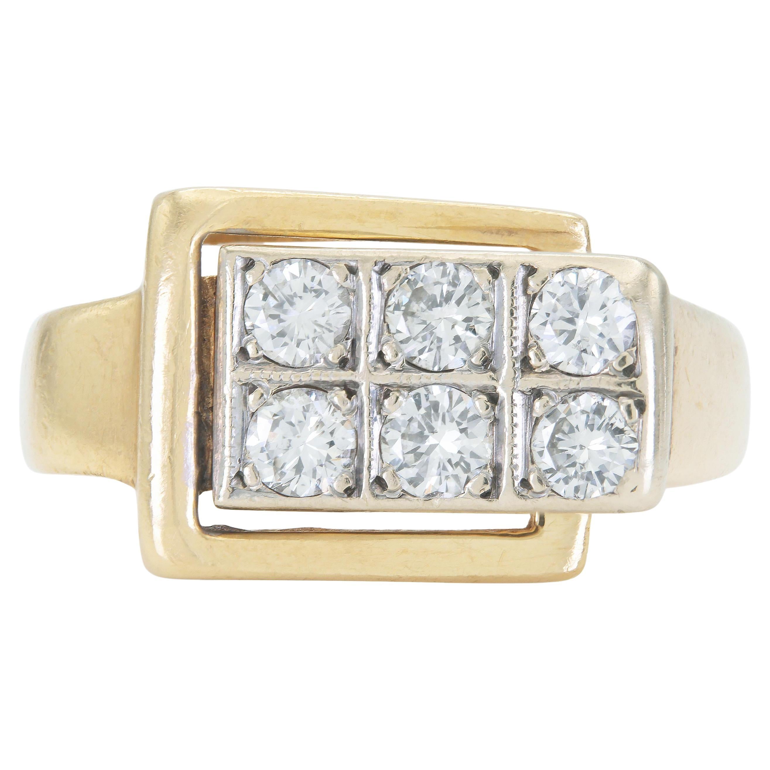 Anello con fibbia in oro retrò vintage anni
40 con diamanti