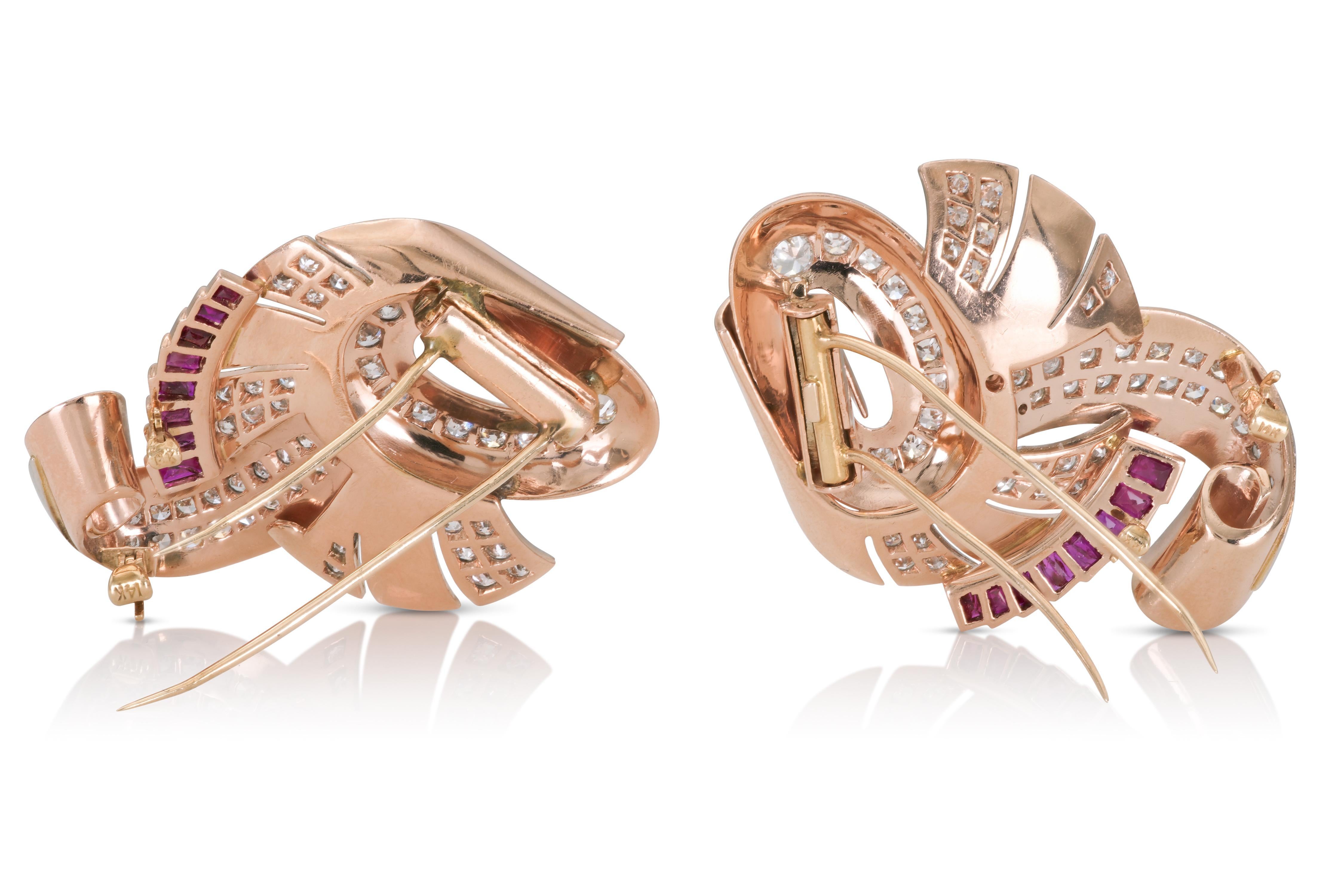 Vintage 1940s Retro Gold Diamond & Ruby Double Clips In Good Condition For Sale In New York, NY