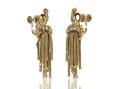 Vintage 1940s Retro Gold Feather Earrings with Tassels and Diamonds