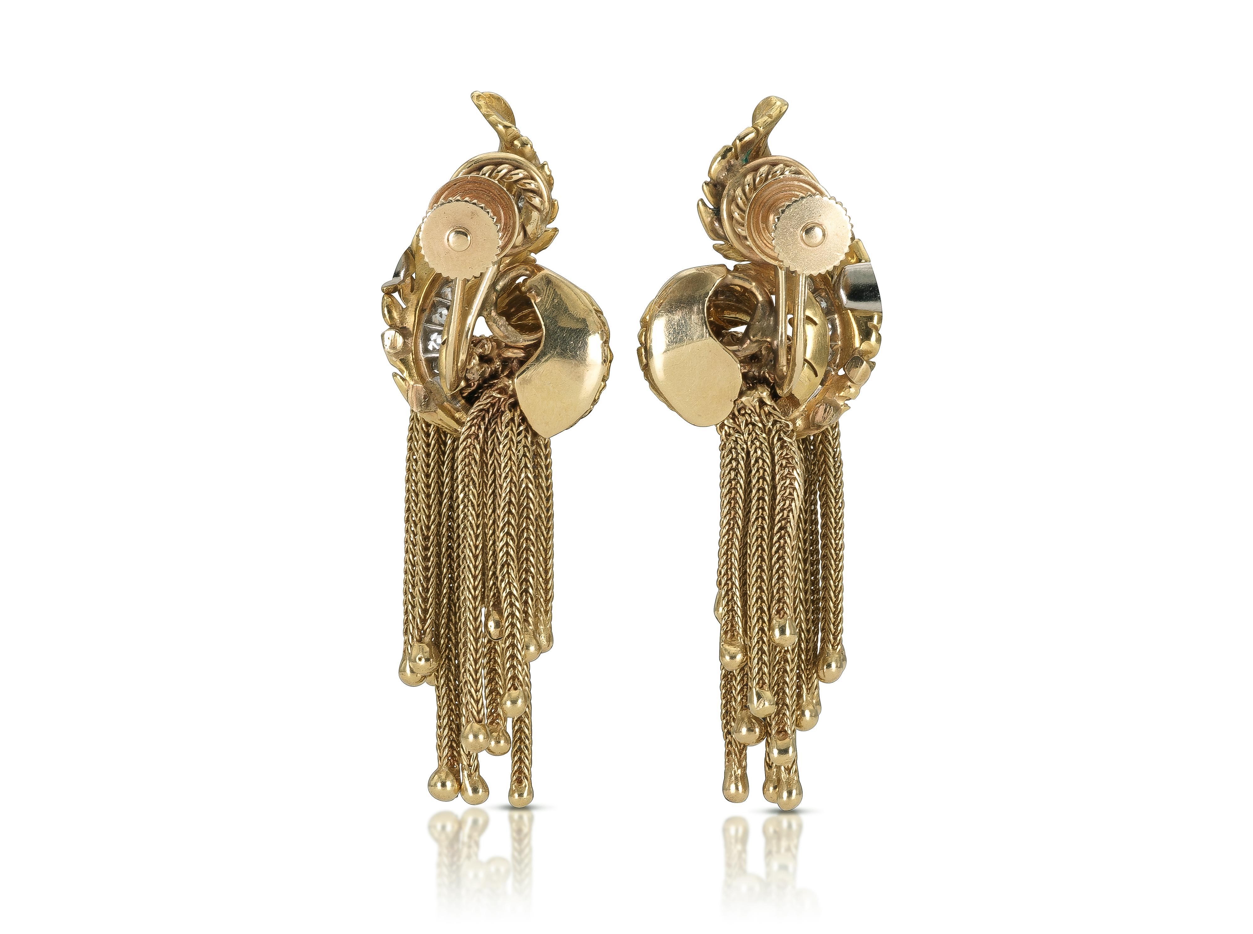 Vintage 1940s Retro Gold Feder Ohrringe mit Quasten und Diamanten im Zustand „Gut“ im Angebot in New York, NY