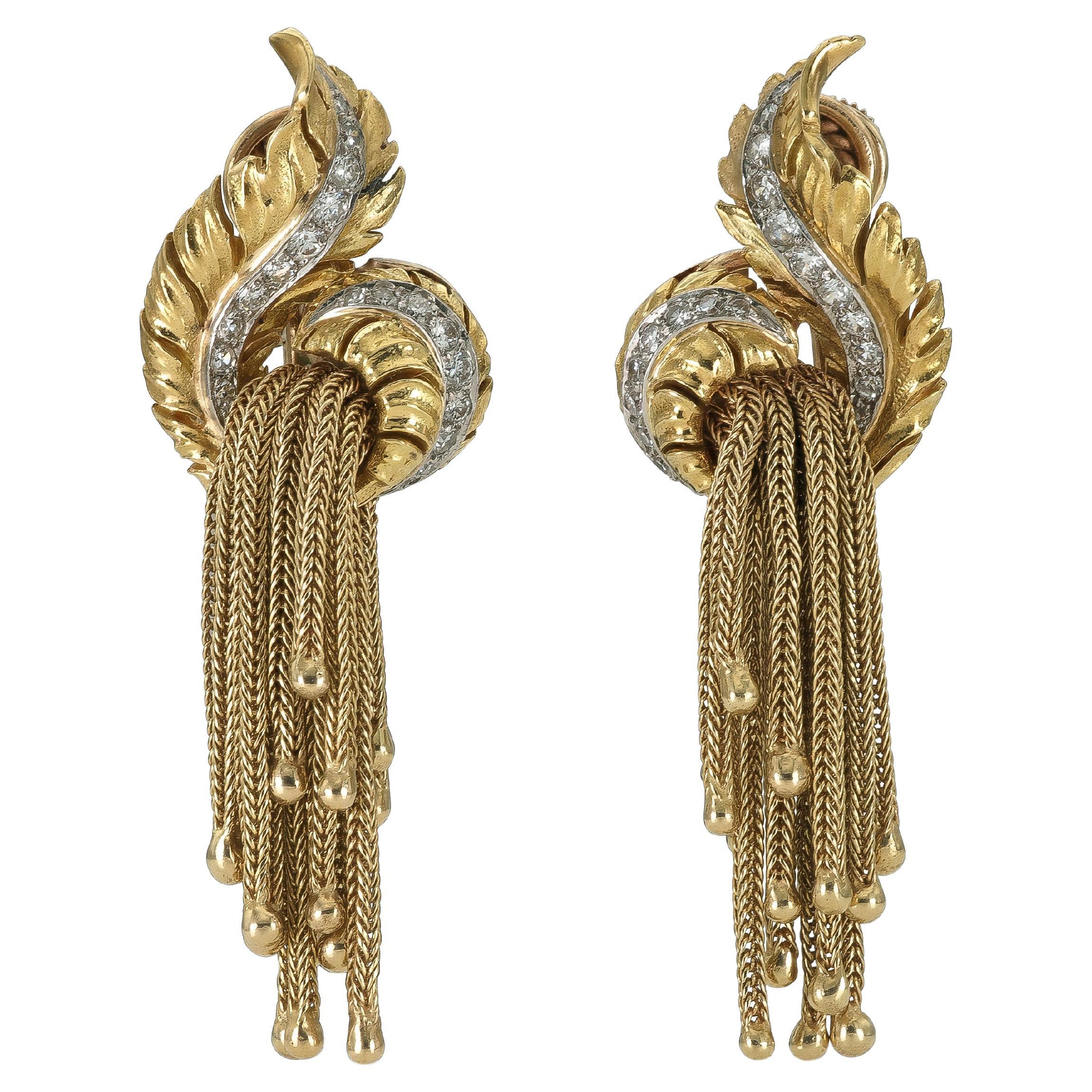 Pendientes retro vintage de plumas de oro de los años 40 con borlas y diamantes