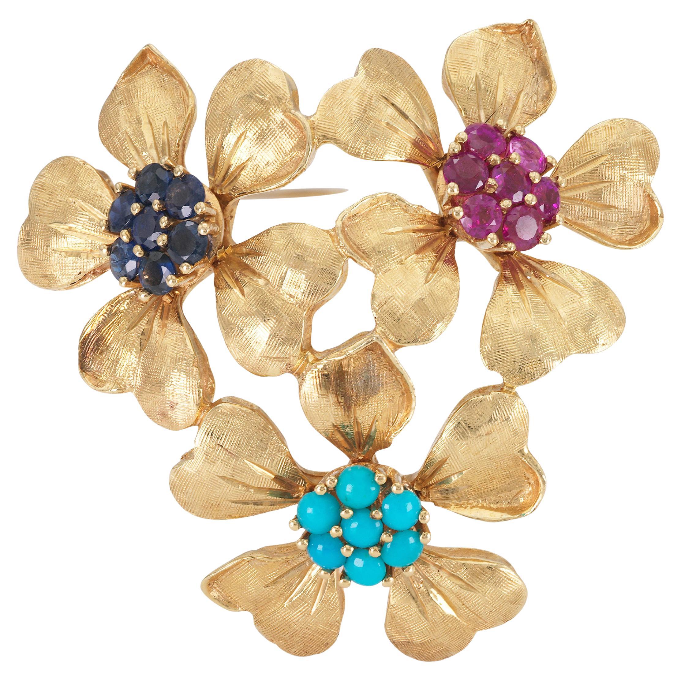 Vintage 1940s Retro Gold Three Flower Brooch with Multi-Color Stones