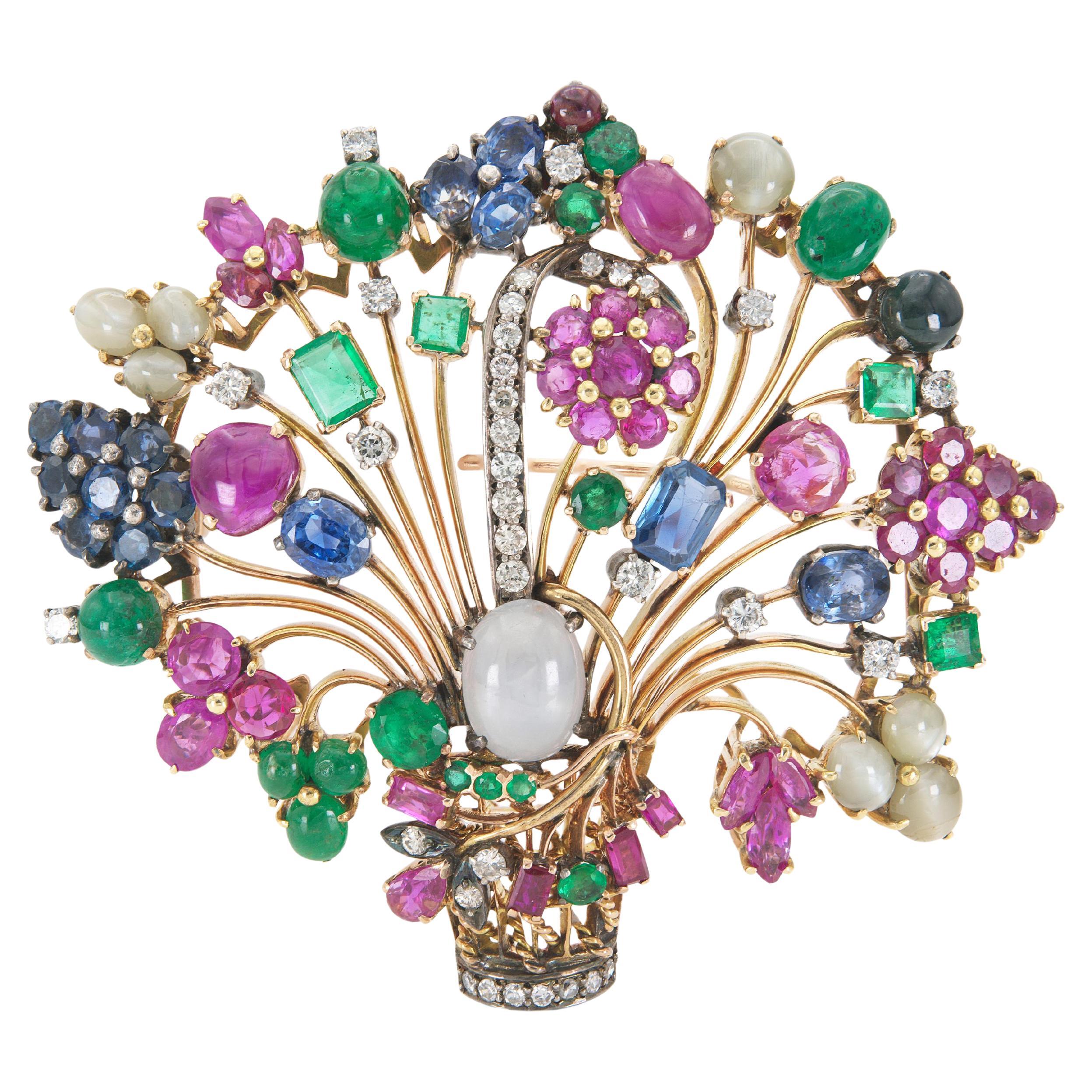Vintage 1940s Retro Multi-Gem Flower Bouquet Brooch