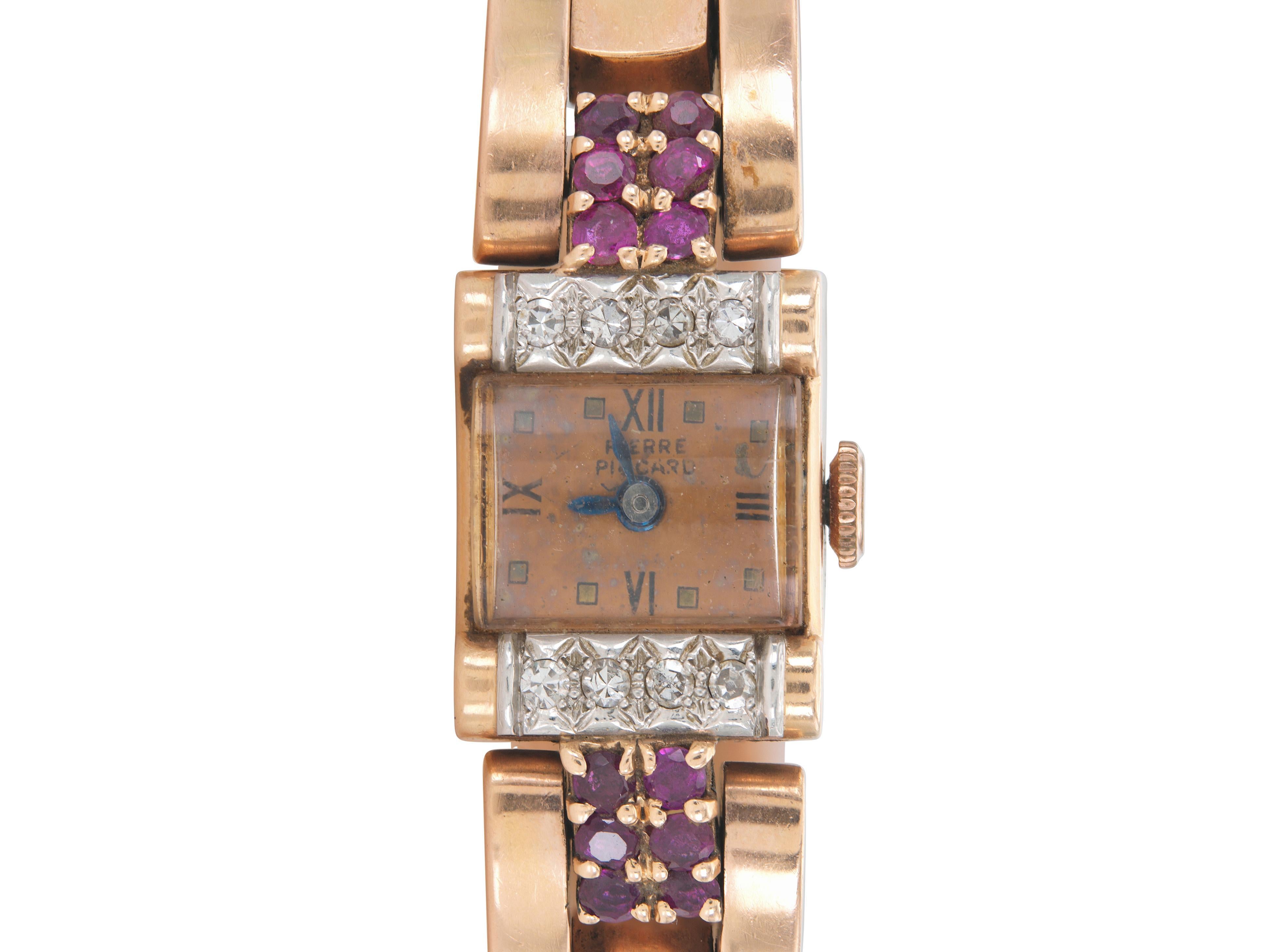 Finely crafted in 14k rose gold and platinum with Round Brilliant cut Diamonds and Round cut Rubies.
Signed by Pierre Piccard
Circa 1940s
Size 6 inches