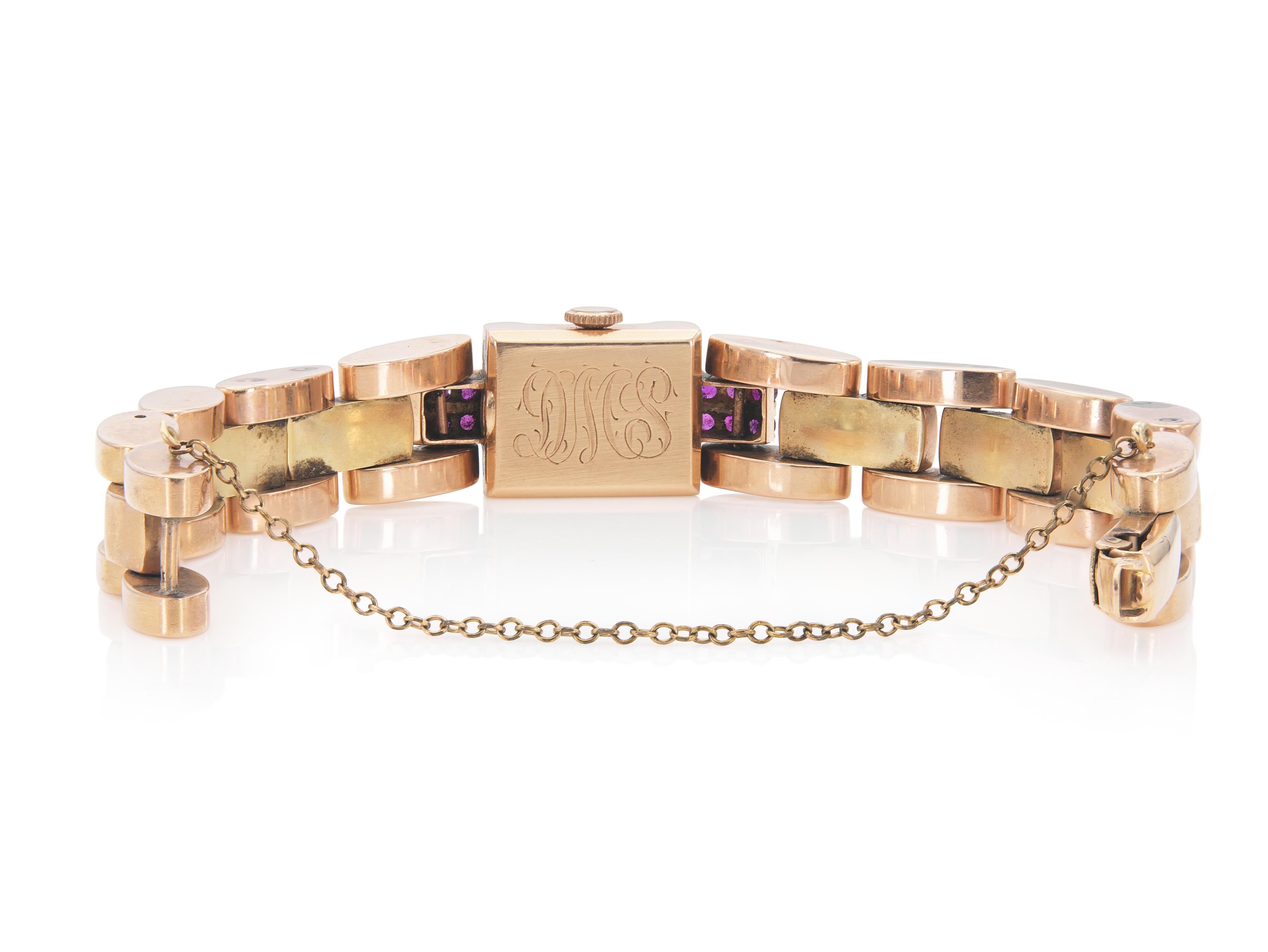 Vintage 1940s Retro Pierre Piccard Gold Watch with Diamonds and Rubies im Zustand „Gut“ im Angebot in New York, NY