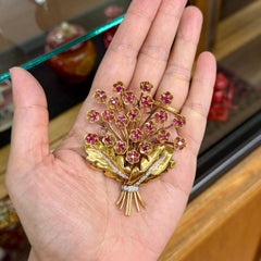 Vintage 1940's Retro Ruby and Diamond Large Flower Brooch Pin 14k/18k Gold