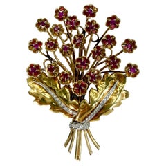 Vintage 1940's Retro Ruby and Diamond Large Flower Brooch Pin 14k/18k Gold