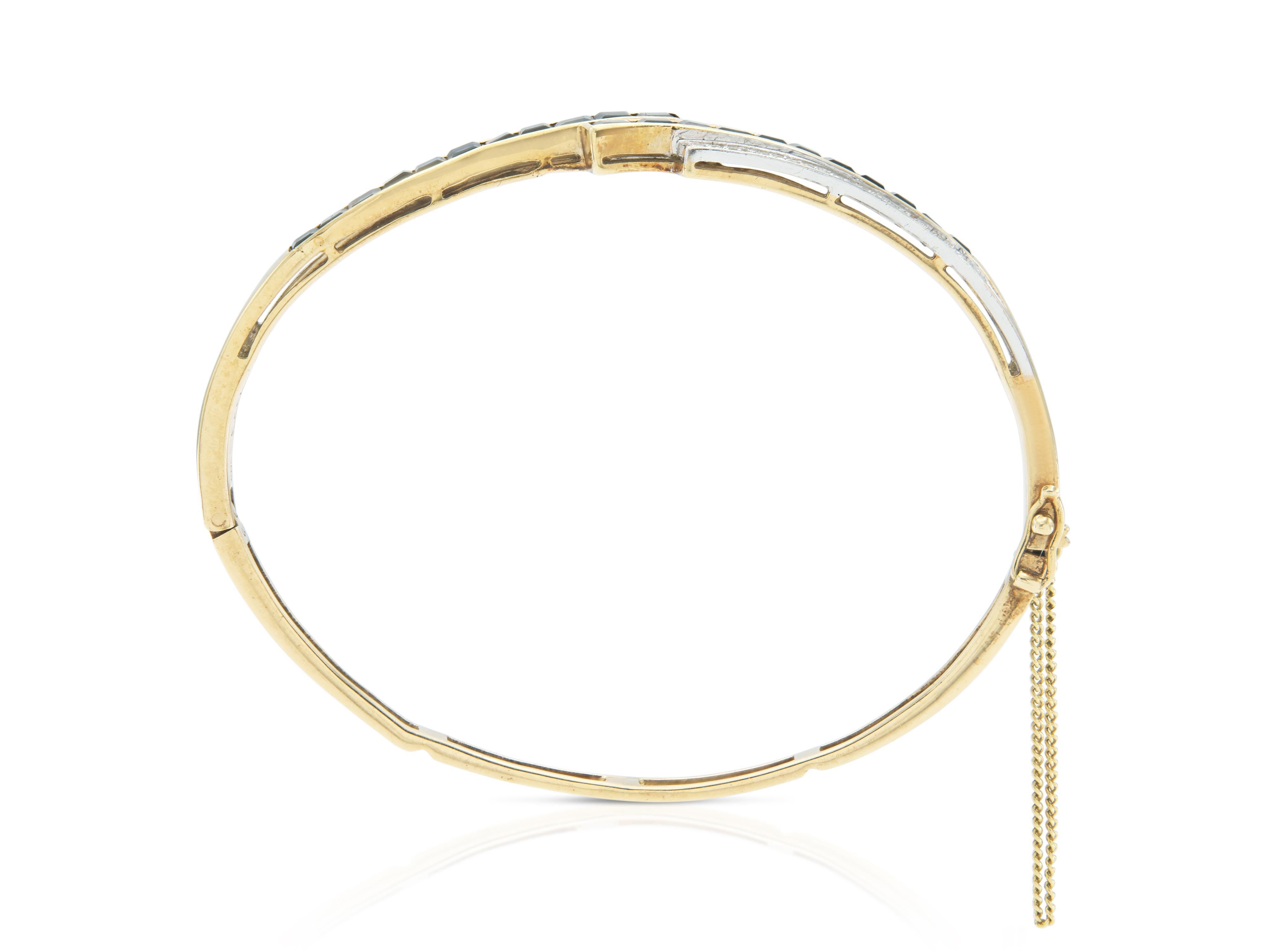 Pulsera brazalete con bisagra de zafiro y diamantes retro vintage años 40 Corte cuadrado en venta