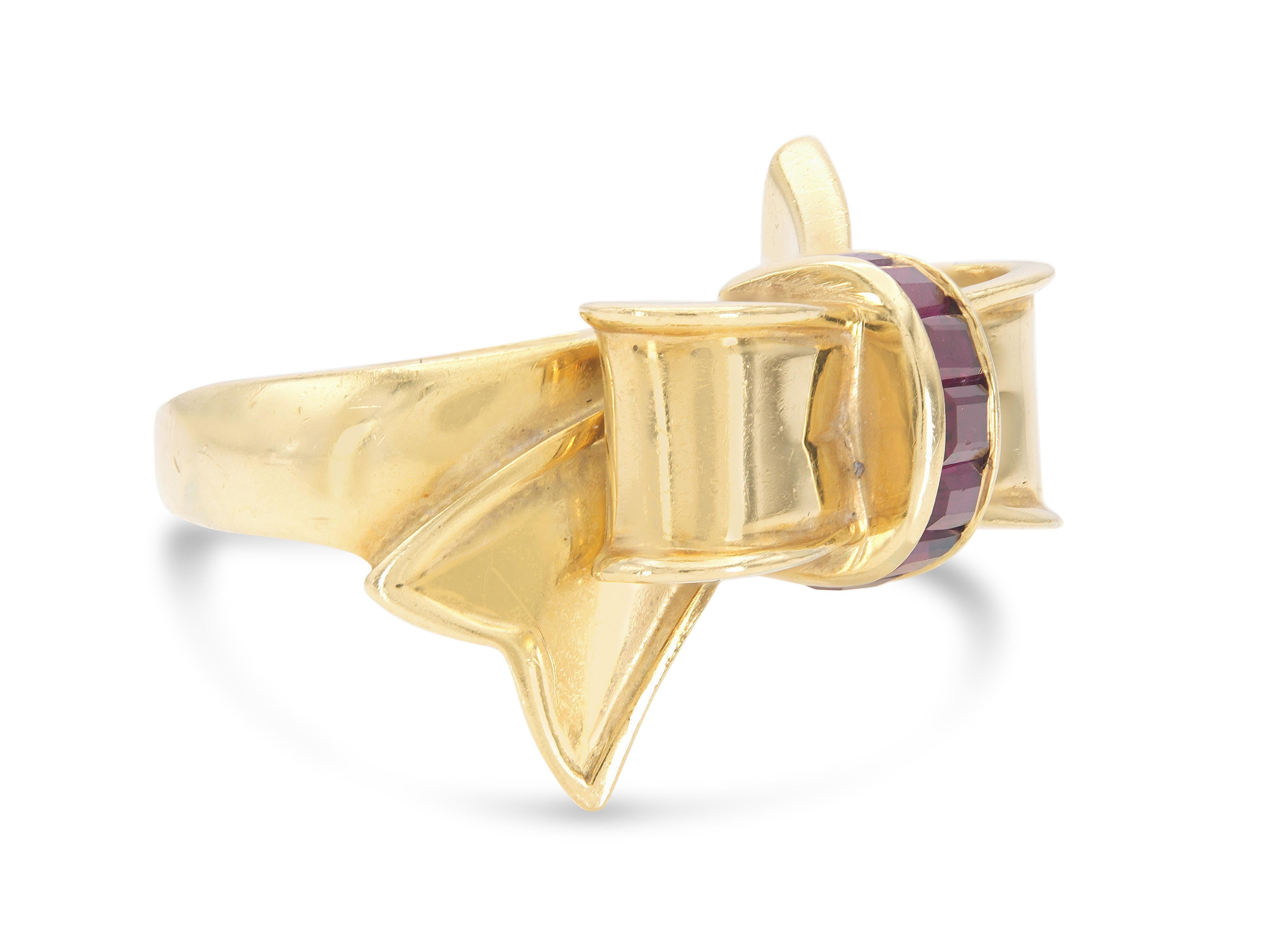 Finely crafted in 18k yellow gold with Baguette cut Rubies.
Signed by Tiffany & Co.
Circa 1940s
Size 4 1/2, resizable