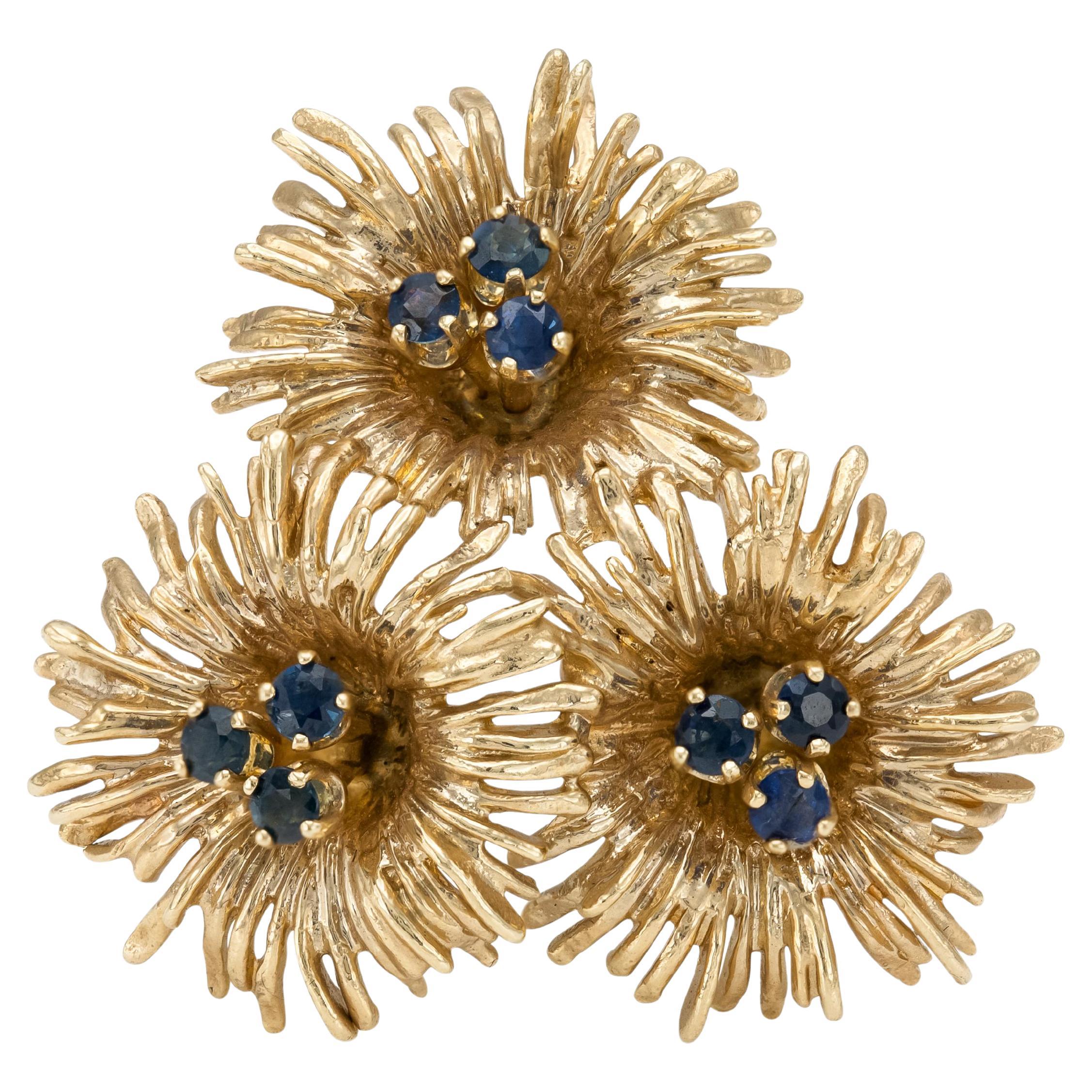 Vintage 1940s Retro Tiffany & Co. Gold Tri Flower Brooch with Sapphires