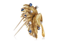 Vintage 1940s Retro Tiffany & Co. Leaf Brooch with Sapphires and Diamonds