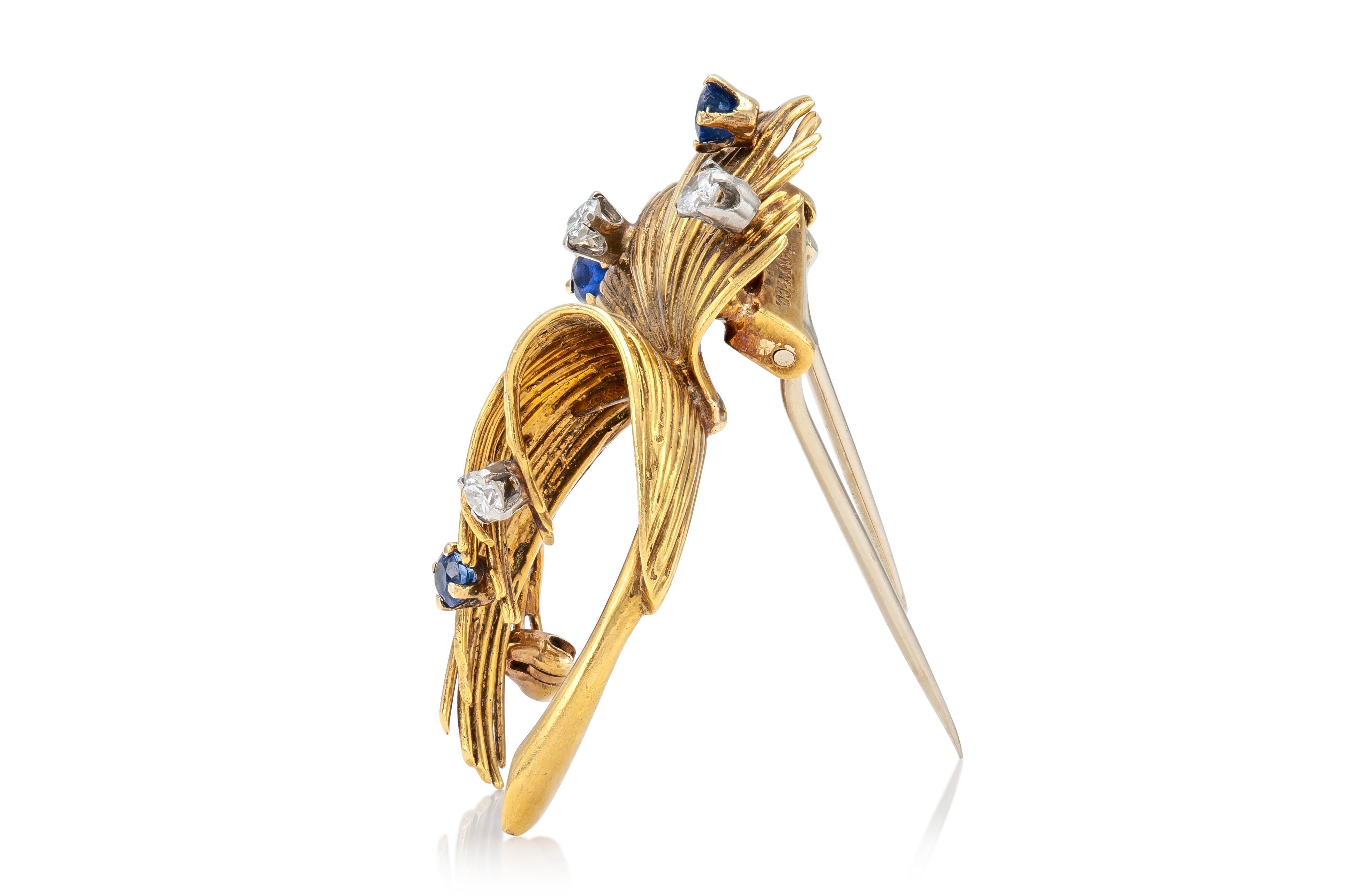 Round Cut Vintage 1940s Retro Tiffany & Co. Leaf Brooch with Sapphires and Diamonds For Sale