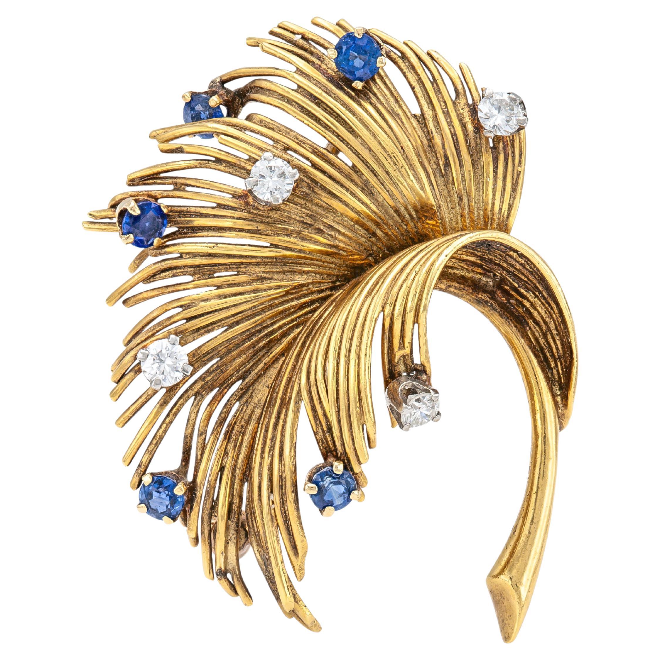 Vintage 1940s Retro Tiffany & Co. Leaf Brooch with Sapphires and Diamonds For Sale