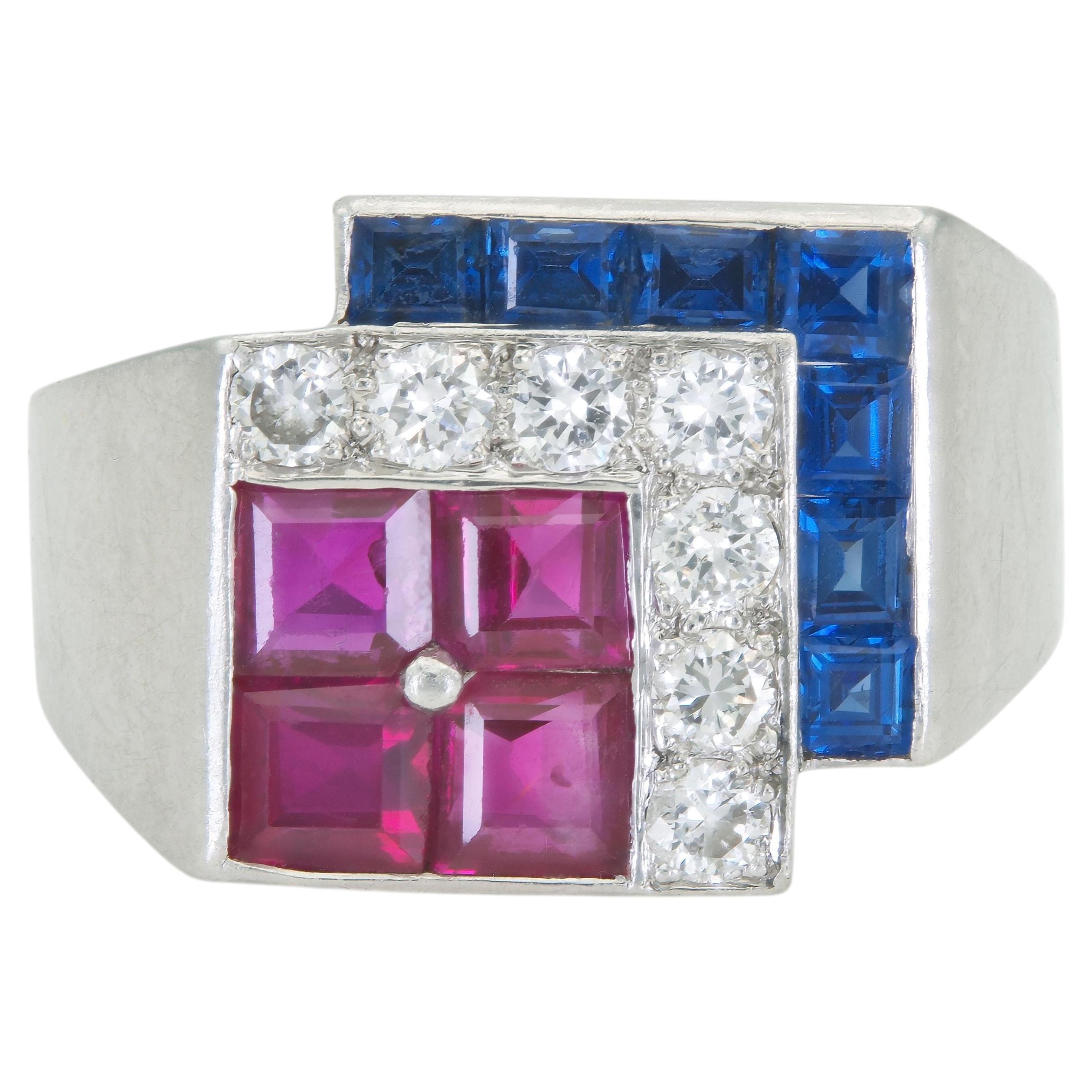 Vintage 1940s Retro Tiffany & Co. Ruby, Sapphire and Diamond Ring For Sale