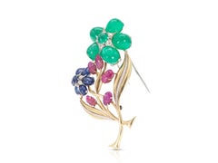 Vintage 1940s Retro Tutti Frutti Cabochon Multi-Gem Flower Brooch