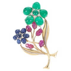 Vintage 1940s Retro Tutti Frutti Cabochon Multi-Gem Flower Brooch