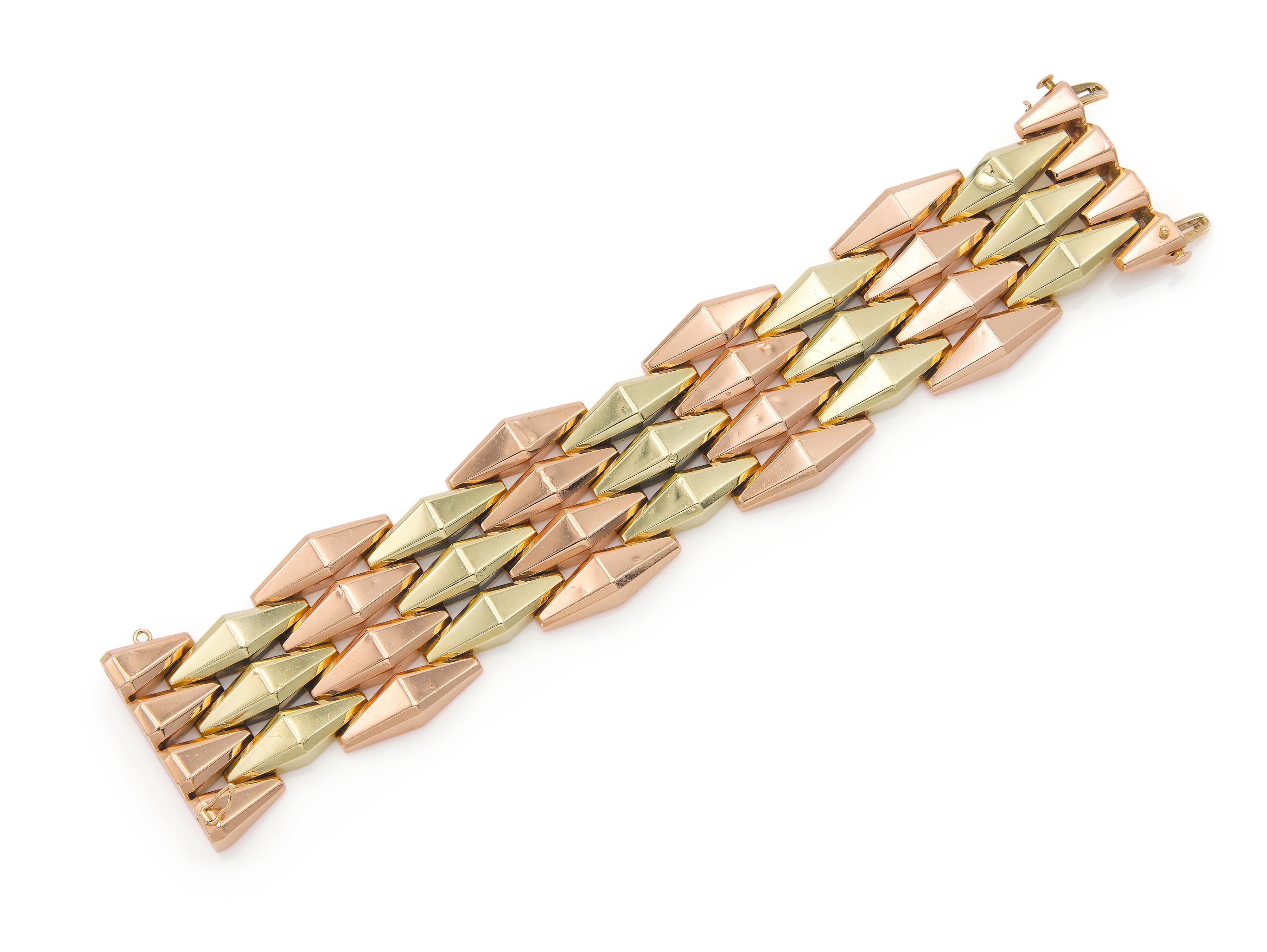 Finely crafted in 14k yellow and rose gold.
Circa 1940s
7 1/2 x 1 1/2 inches