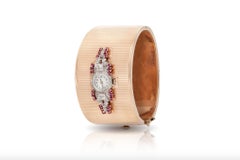 Vintage 1940s Retro Watch Cuff Bracelet with Diamonds and Rubies