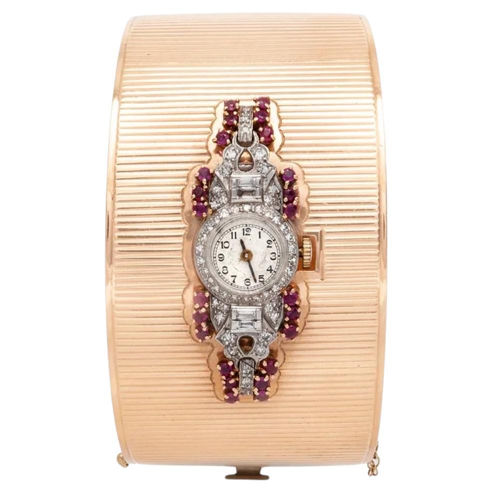 Bracelet manchette rétro vintage des années 1940 avec diamants et rubis