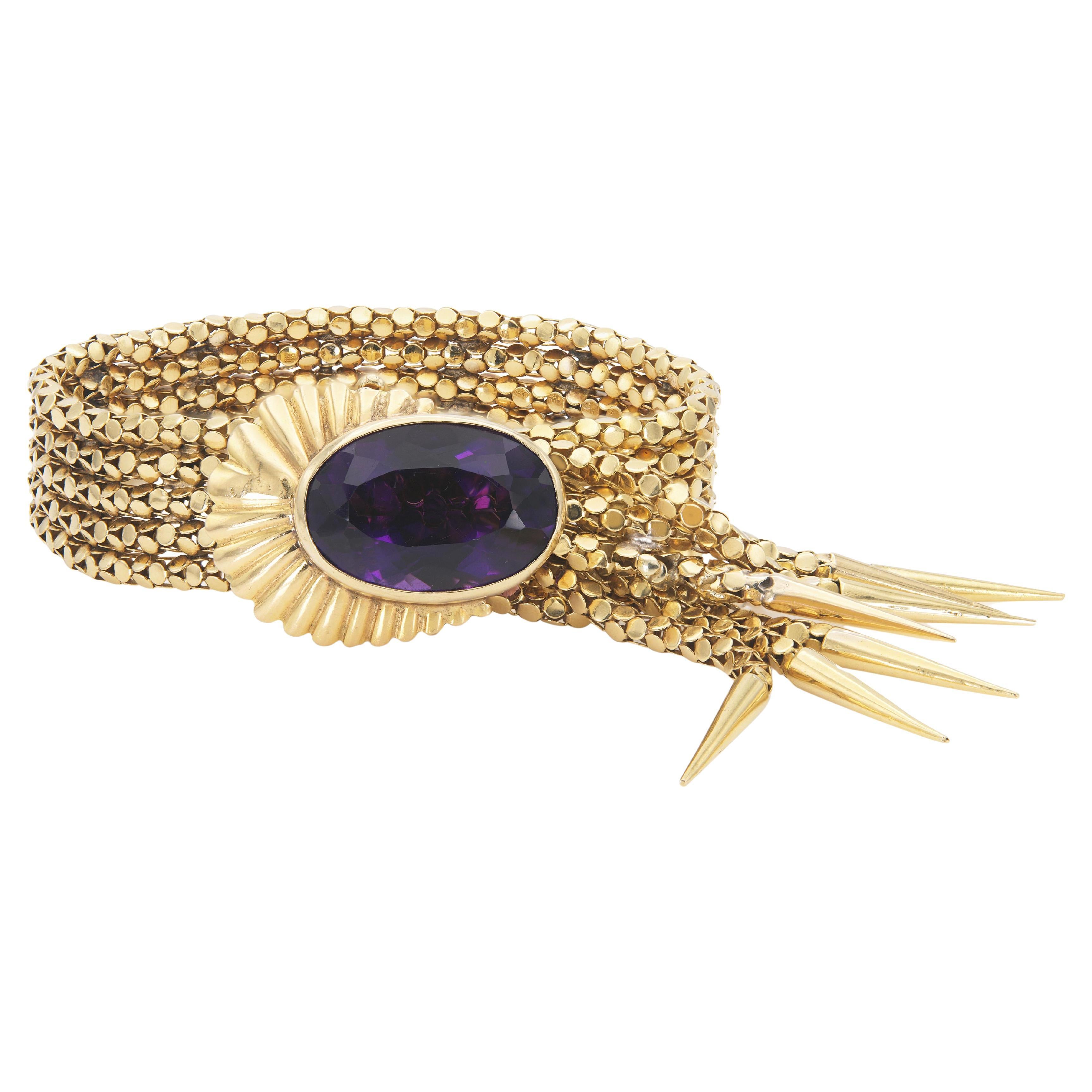 Vintage 1940 Retro Bracciale con nappe in oro giallo e ametista in vendita