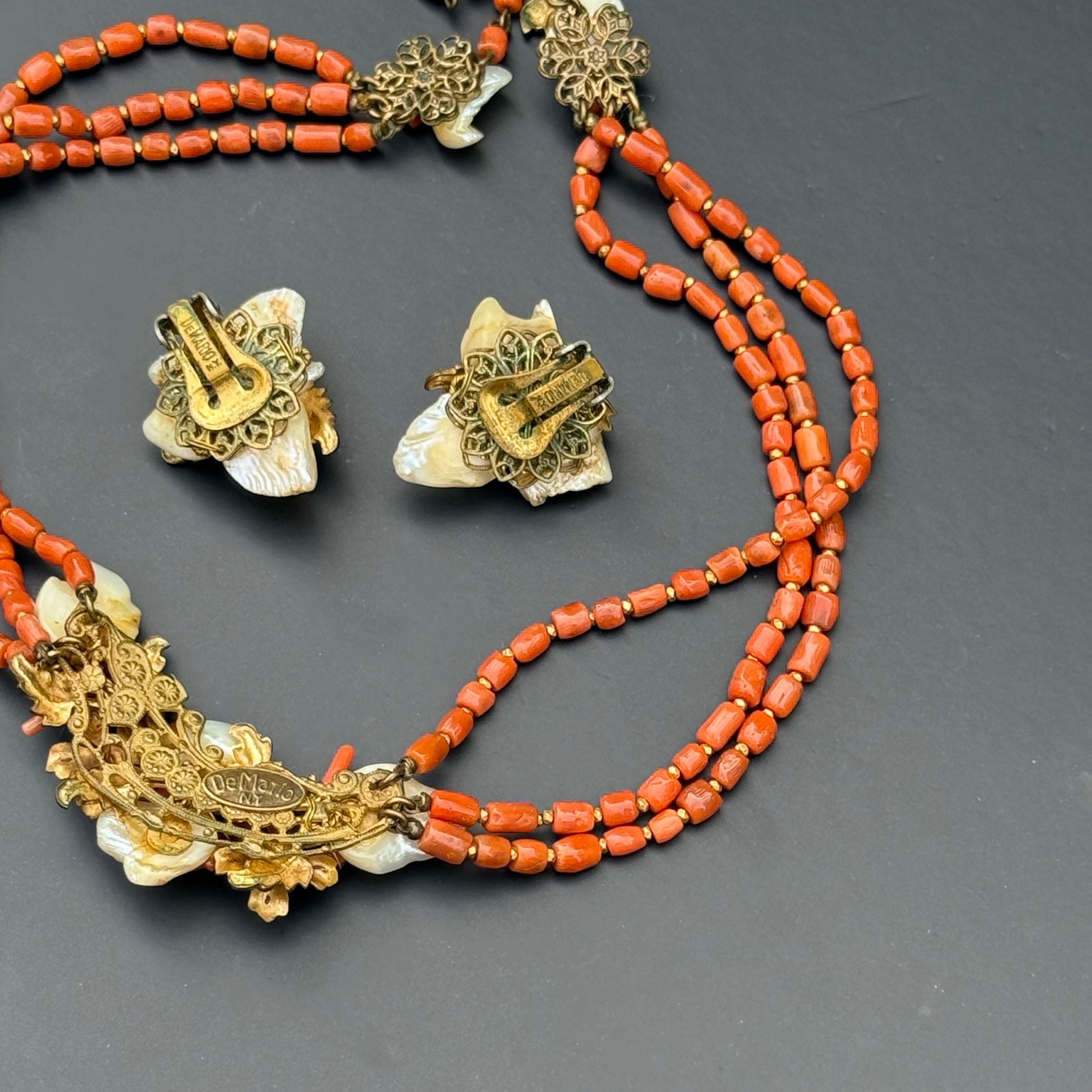 Filigrane Vintage 1940er Robert DeMario Koralle und Perlmutt Filigrane Choker Halskette im Angebot 4