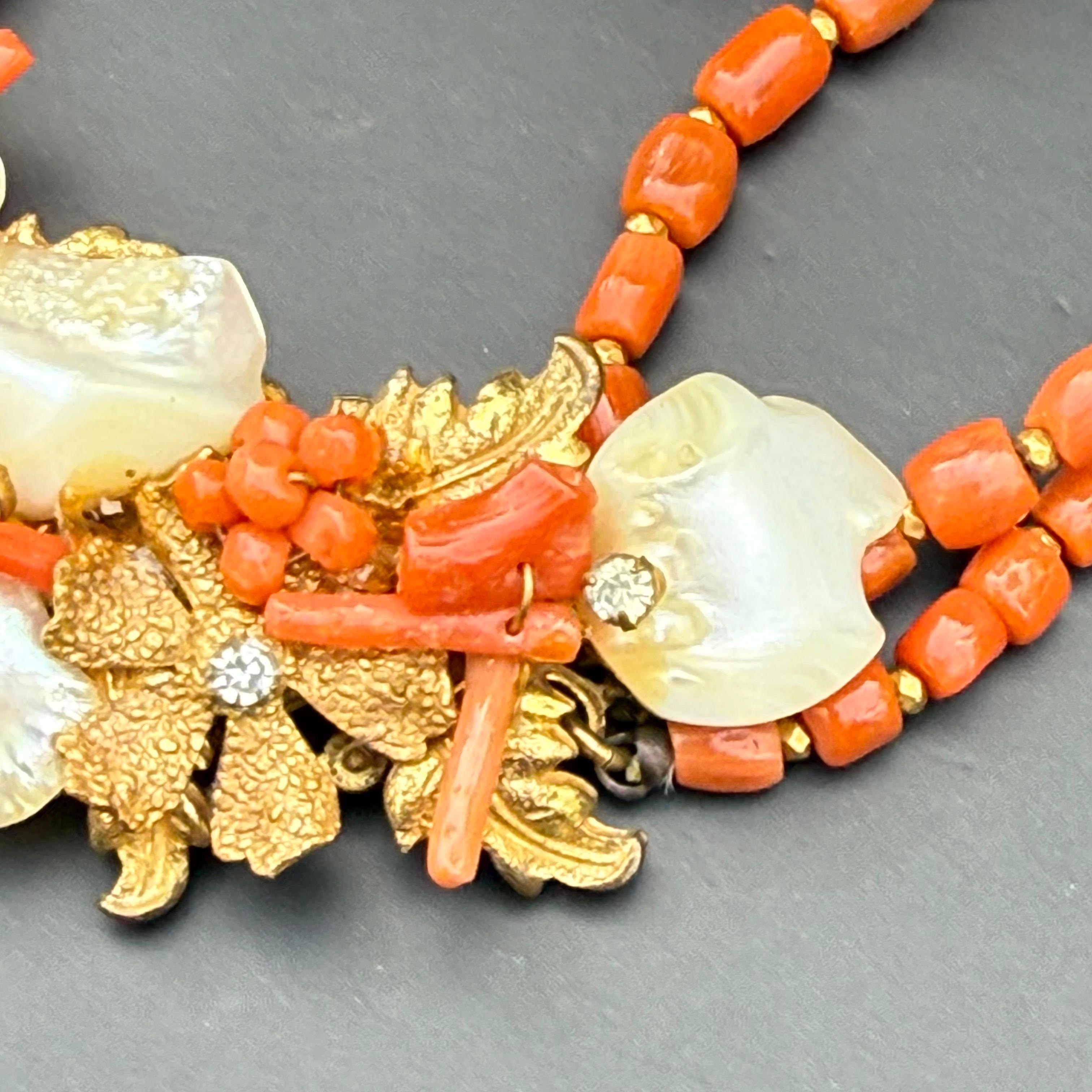 Filigrane Vintage 1940er Robert DeMario Koralle und Perlmutt Filigrane Choker Halskette im Angebot 5