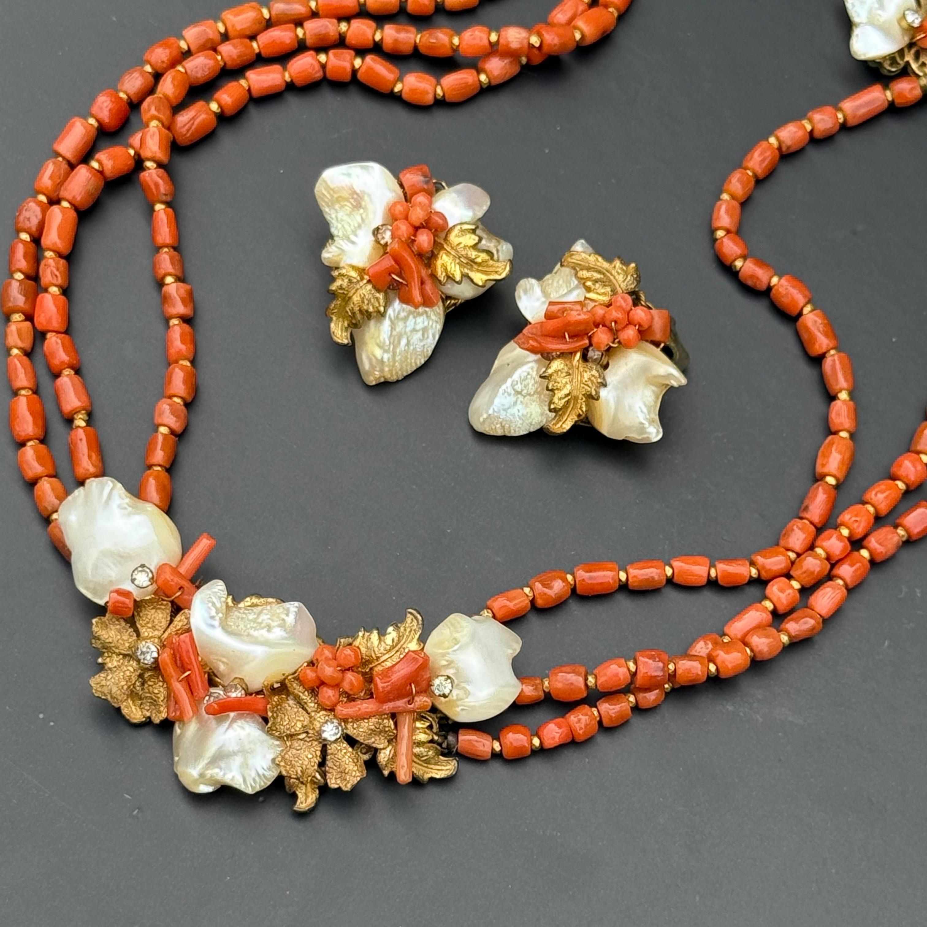 Filigrane Vintage 1940er Robert DeMario Koralle und Perlmutt Filigrane Choker Halskette (Art déco) im Angebot