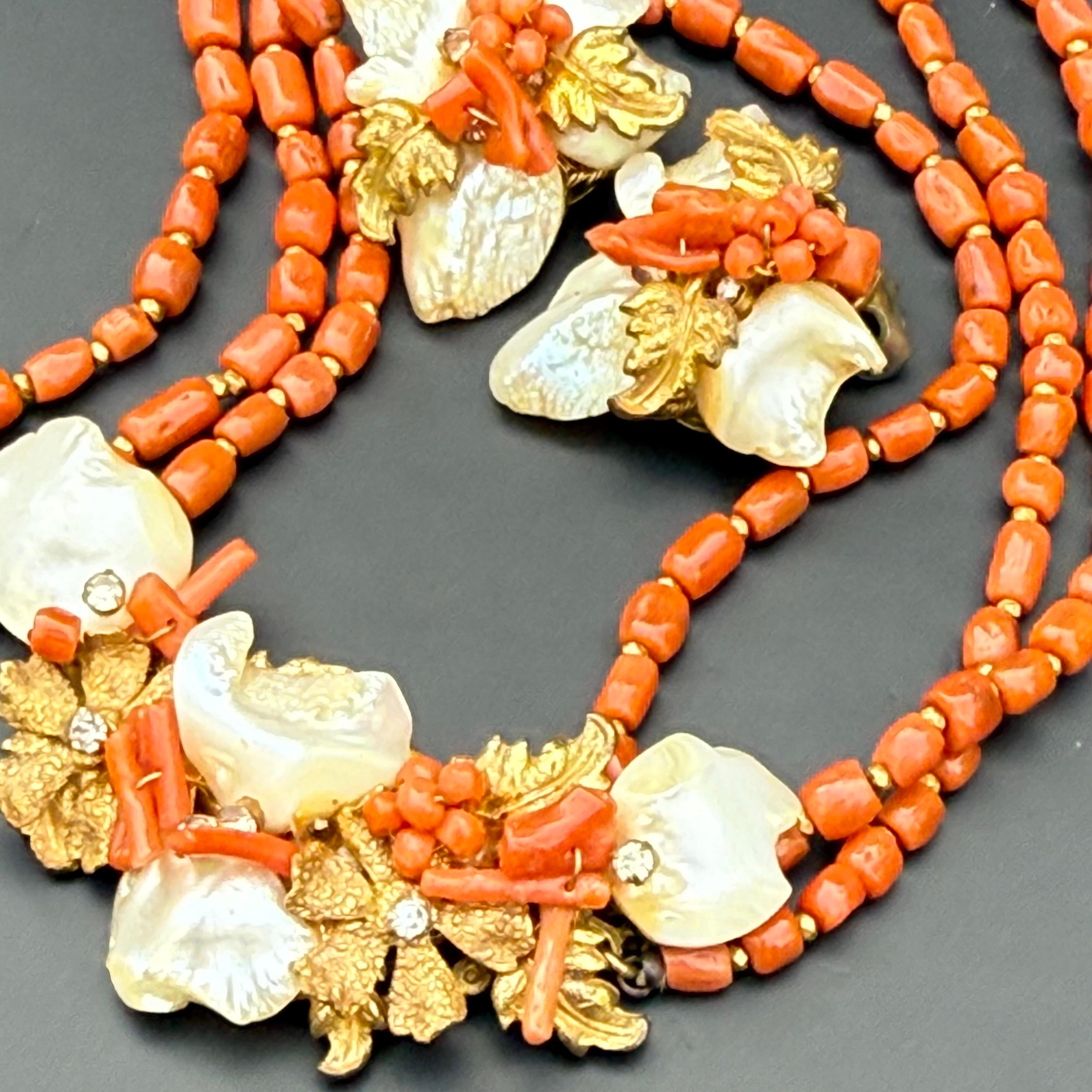 Filigrane Vintage 1940er Robert DeMario Koralle und Perlmutt Filigrane Choker Halskette im Zustand „Gut“ im Angebot in Monroe Township, NJ