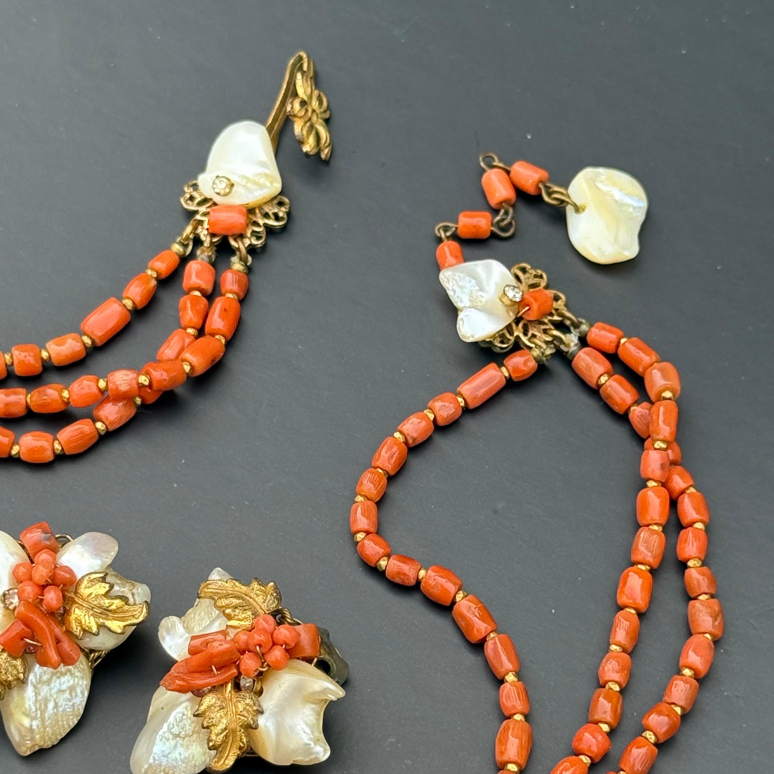 Filigrane Vintage 1940er Robert DeMario Koralle und Perlmutt Filigrane Choker Halskette im Angebot 2