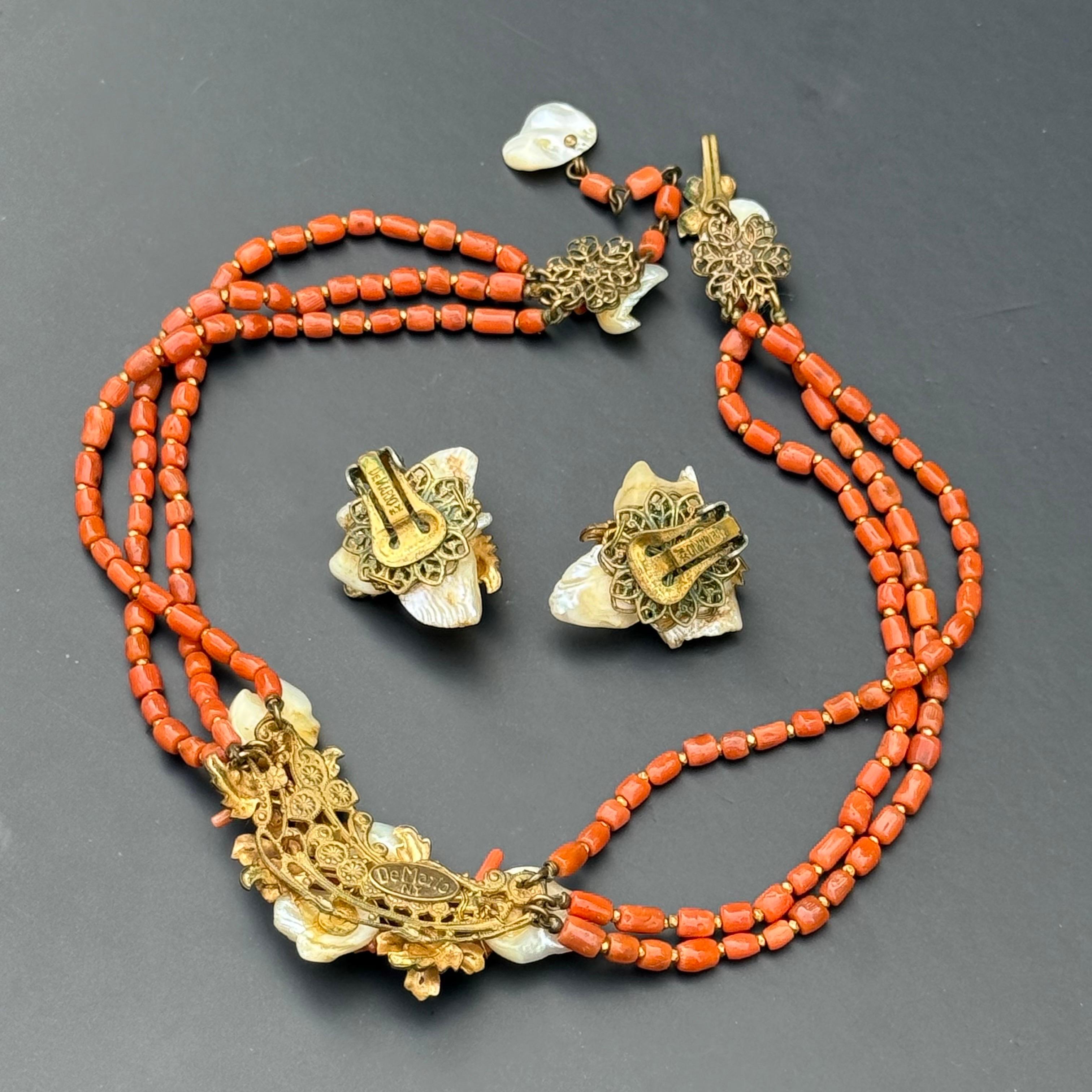 Filigrane Vintage 1940er Robert DeMario Koralle und Perlmutt Filigrane Choker Halskette im Angebot 3